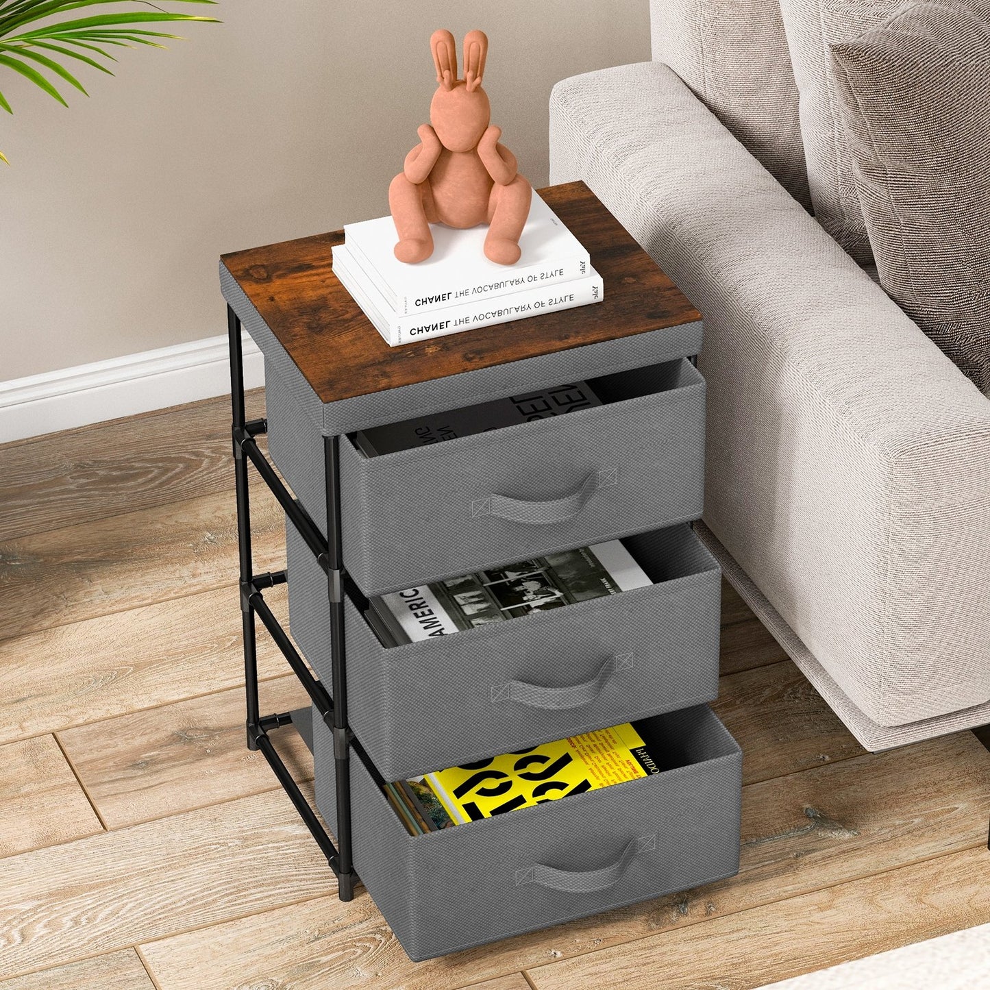 3-Tier Fabric Nightstand with Sturdy Metal Frame-Black