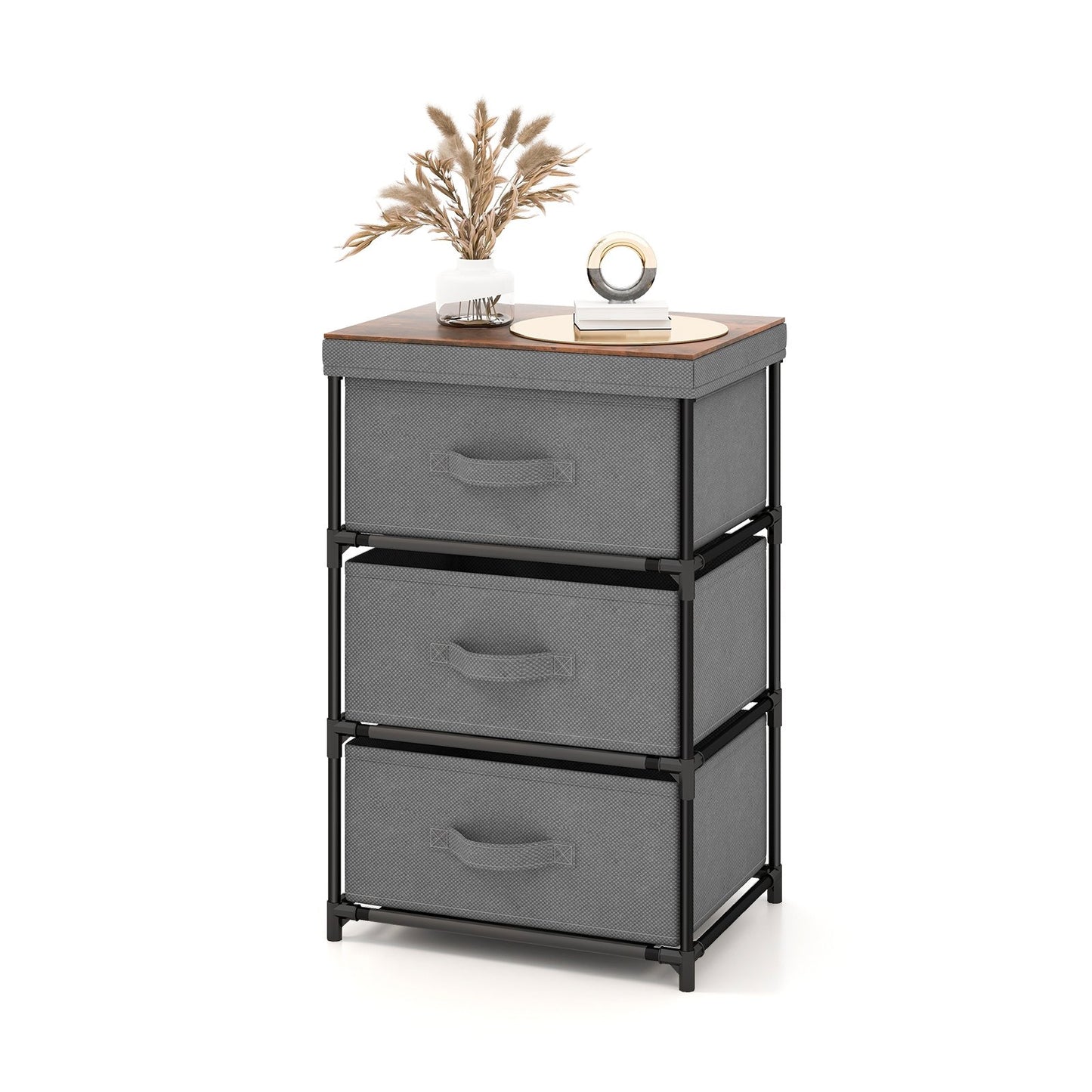 3-Tier Fabric Nightstand with Sturdy Metal Frame-Black