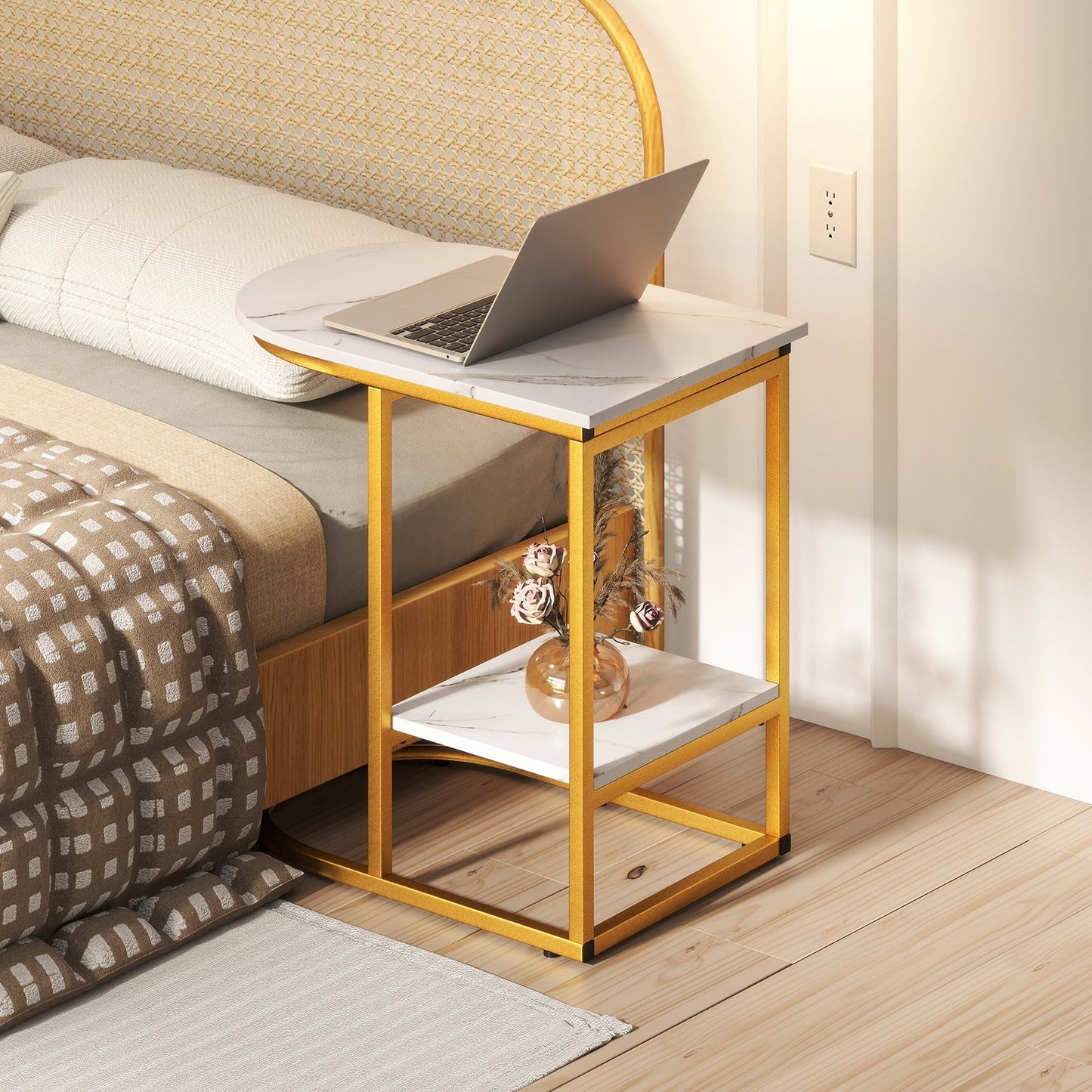 C-shaped Modern Sofa Side Table with Faux Marble Tabletop and Storage Shelf-Black