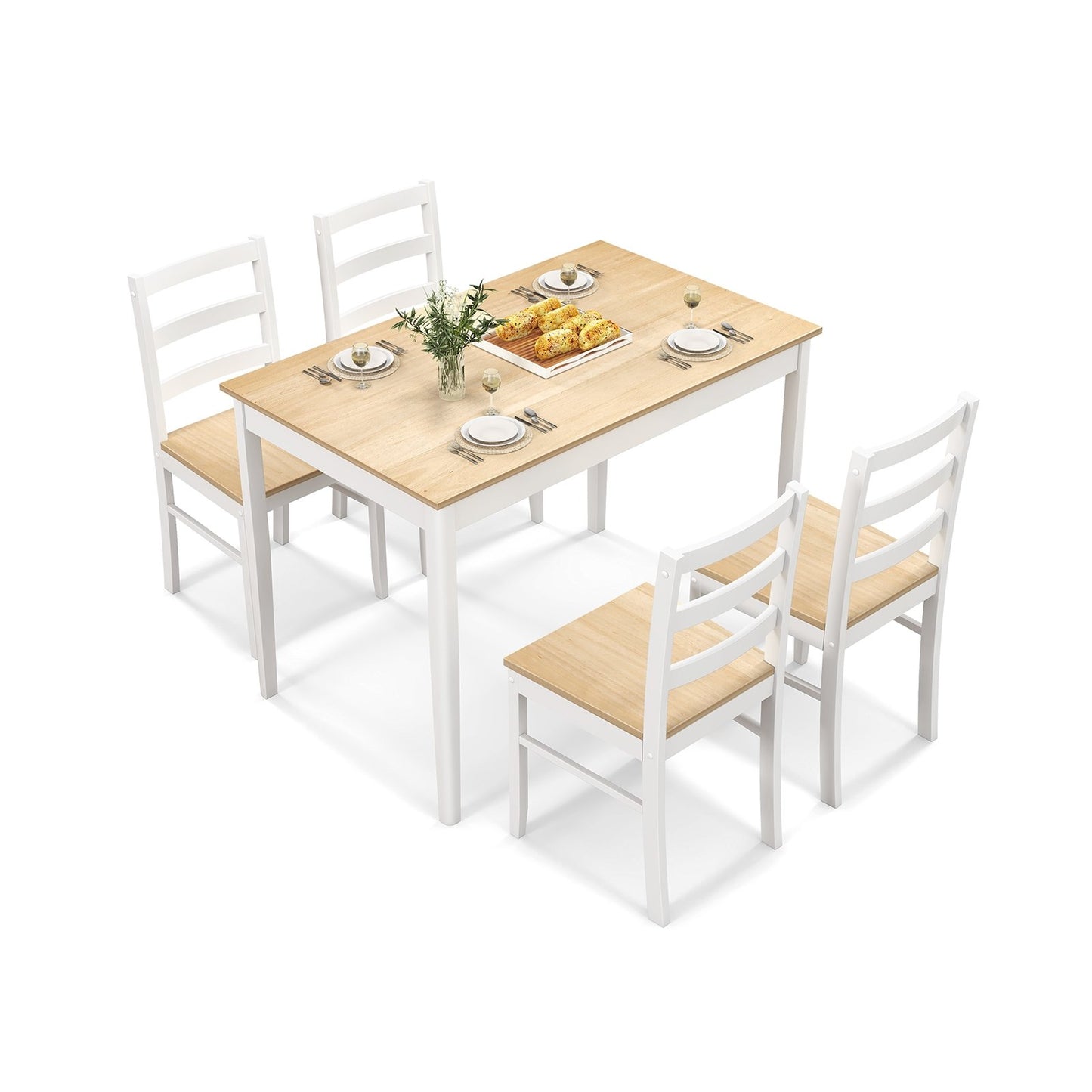5-Piece Wooden Dining Set with Rectangular Table and 4 Chairs-Coffee and White