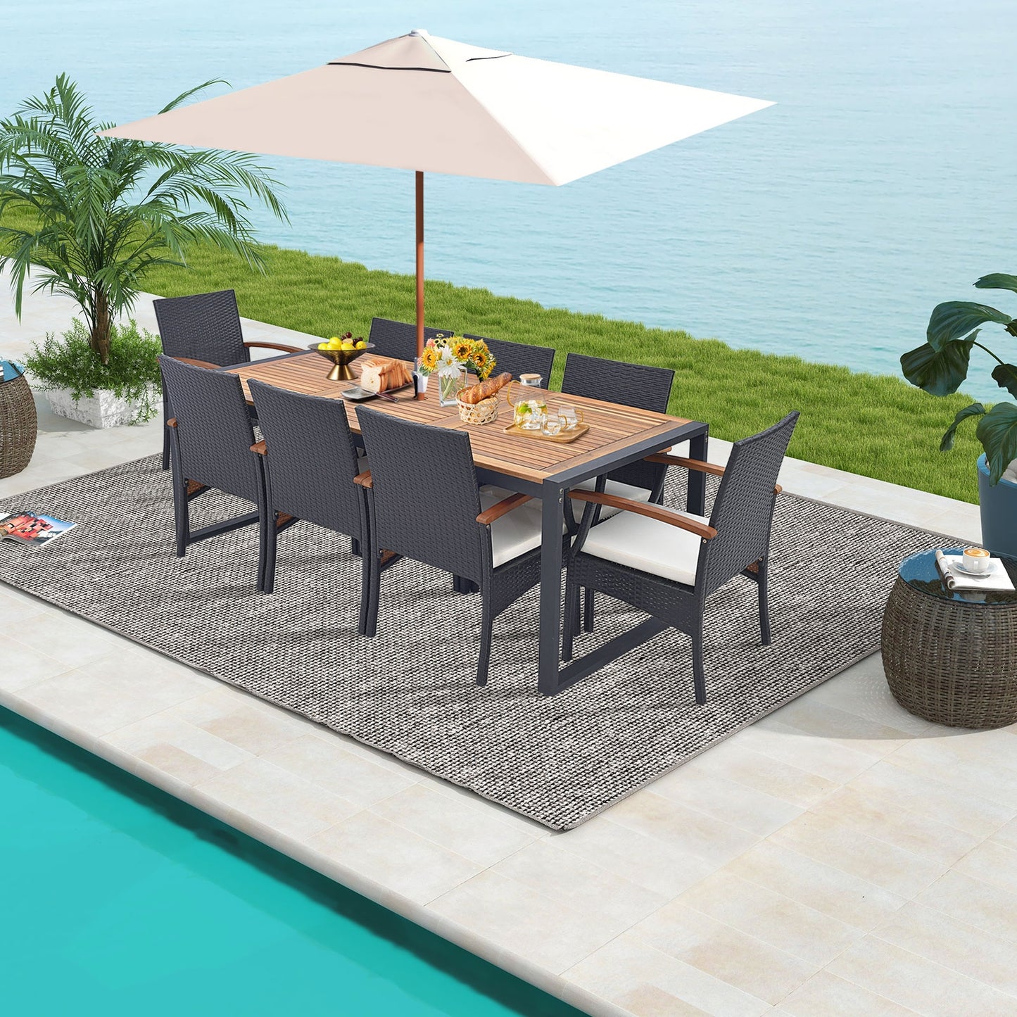 9 Pieces Patio Rattan Dining Set with Acacia Wood Table for Backyard Garden-Wood Handrail