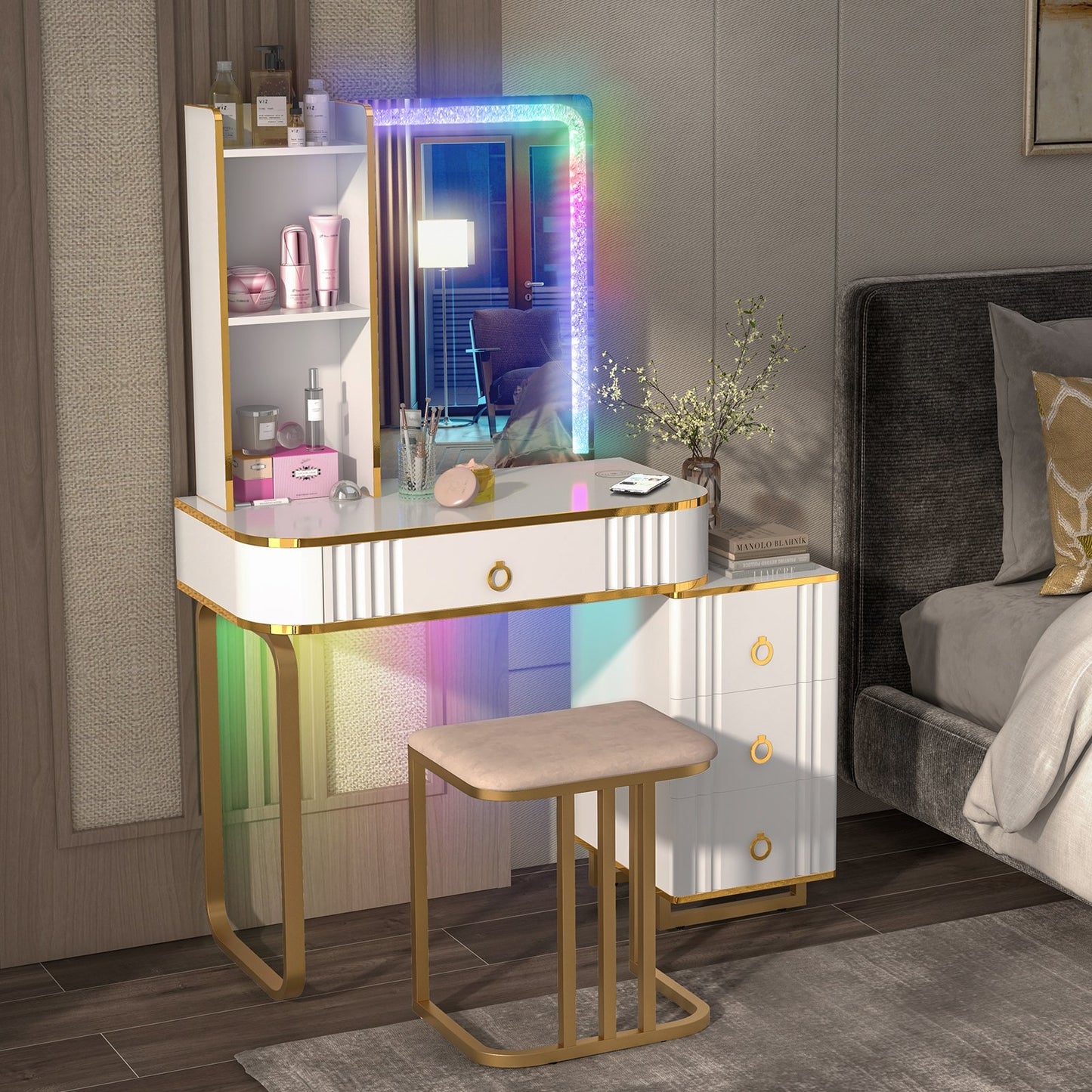 Vanity Table Set with RGB LED Lights and Wireless Charging Station-Black