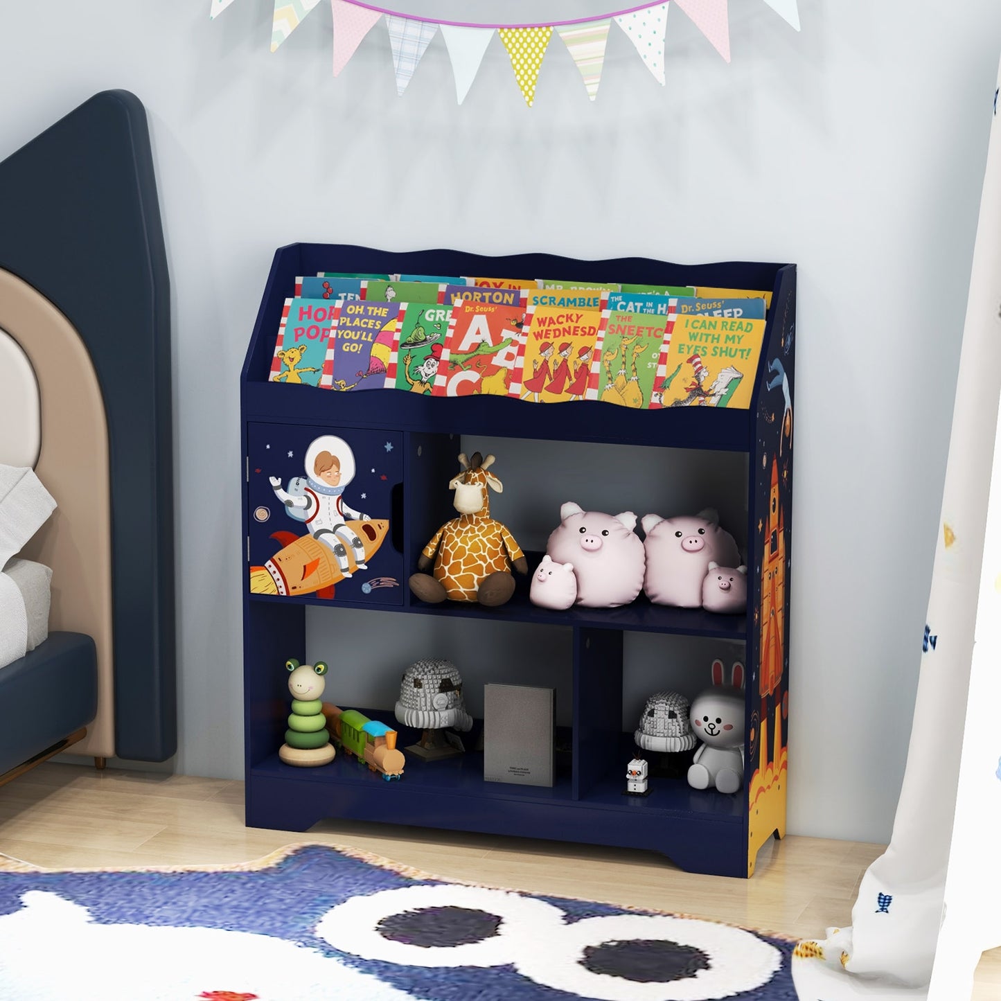 Kids Toy Storage Organizer with Book Shelf and Storage Cabinet-Navy