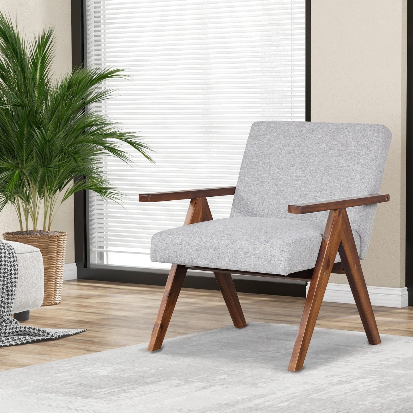 Modern Accent Chair Linen Fabric Armchair with Solid Acacia Wood Frame-Beige