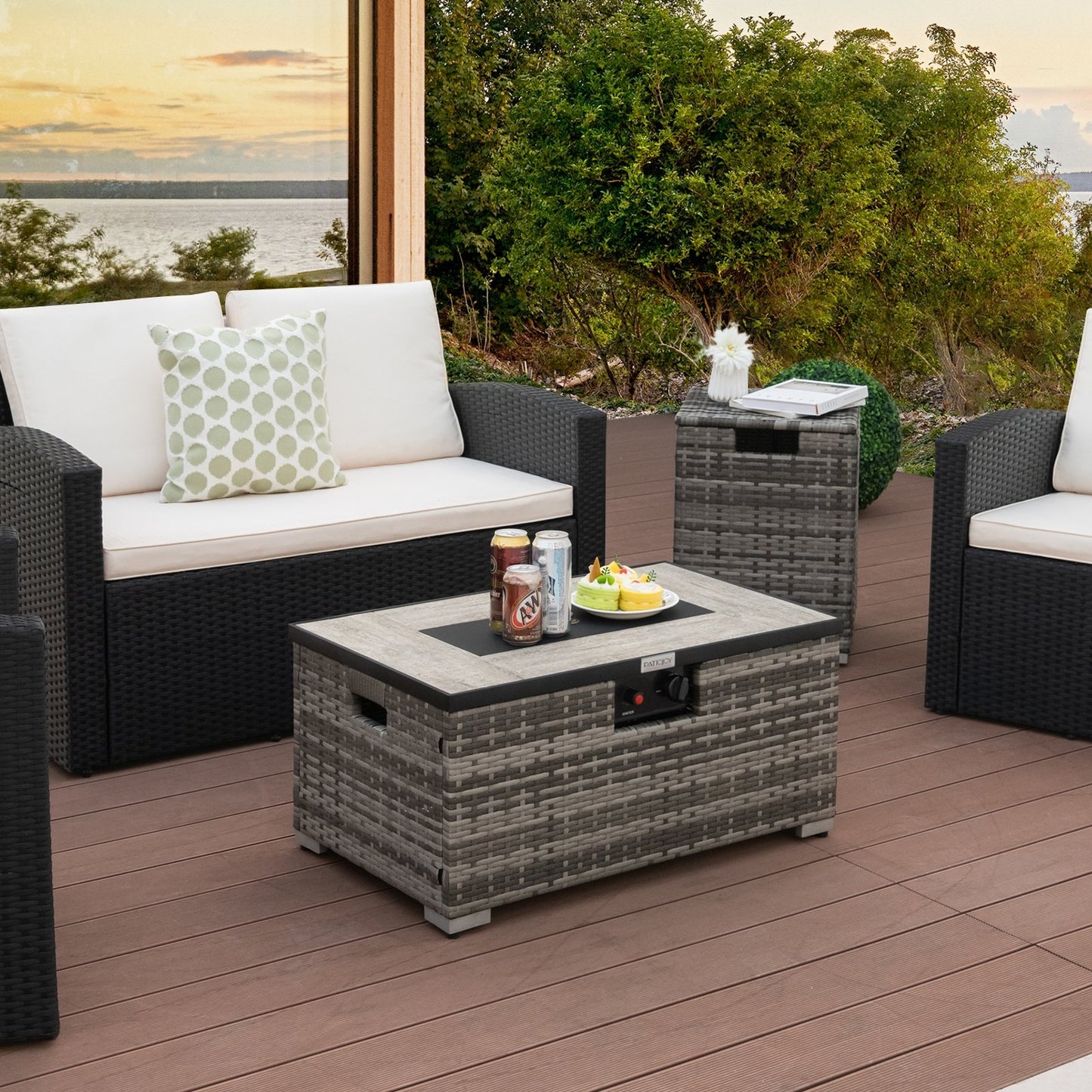 32 x 20 Inch Propane Rattan Fire Pit Table Set with Side Table Tank and Cover-Black