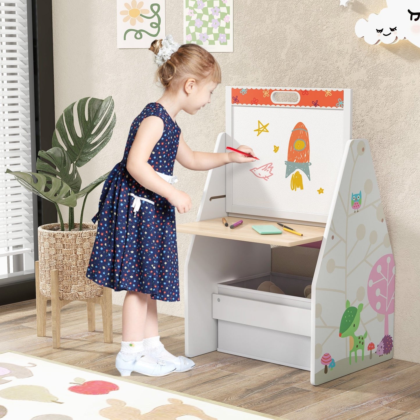3 in 1 Kids Easel and Play Station Convertible with Chair and Storage Bins-Gray