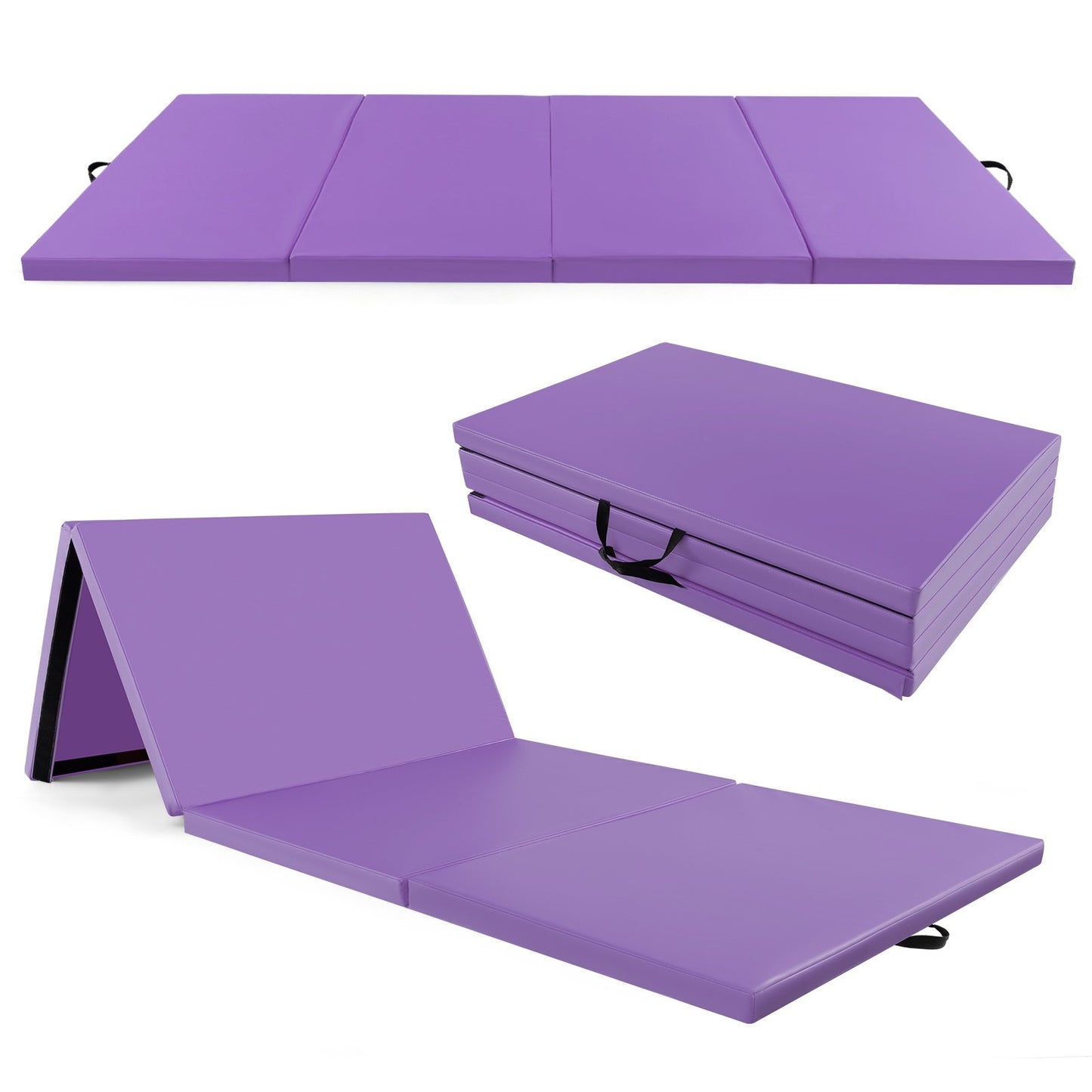 4-Panel PU Leather Folding Exercise Mat with Carrying Handles-Black