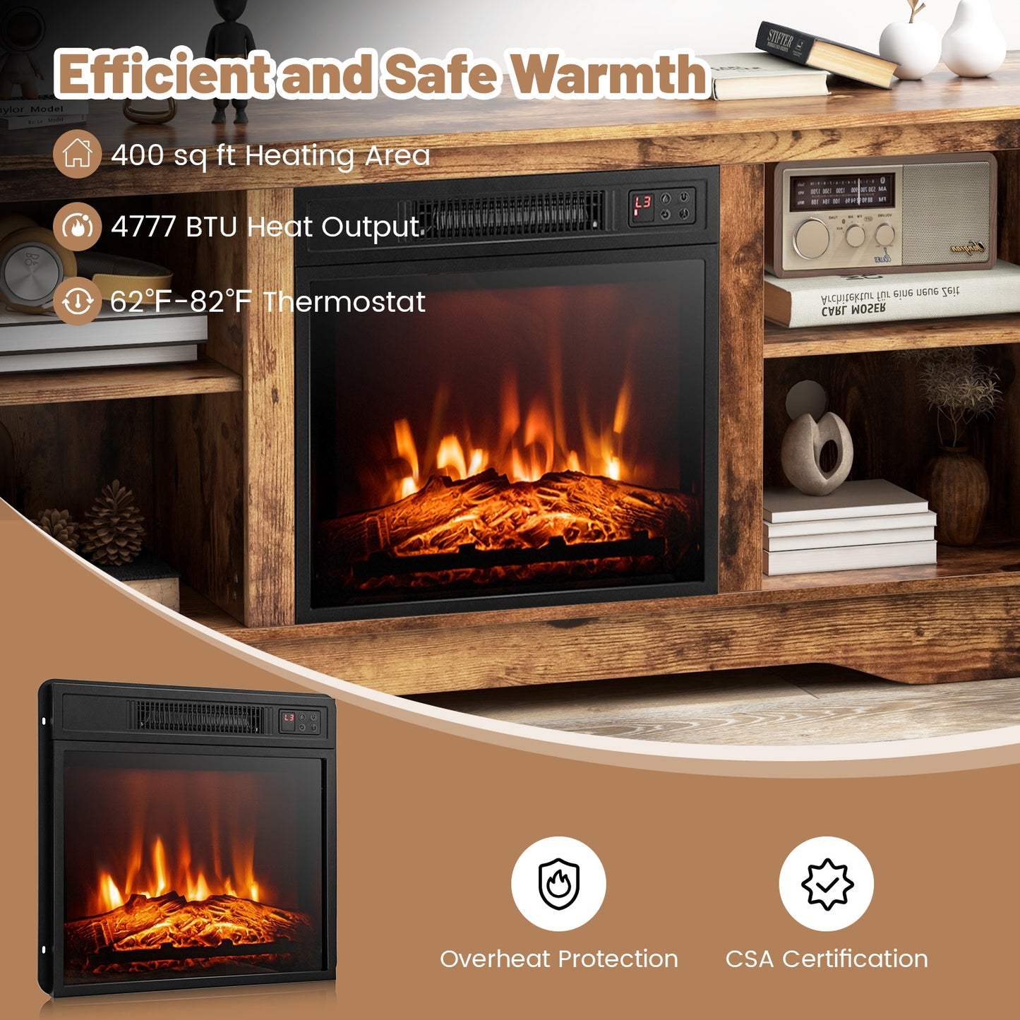 58 Inches TV Stand for Flat Screen TVs Up to 65 Inches with 18 Inches Electric Fireplace Heater