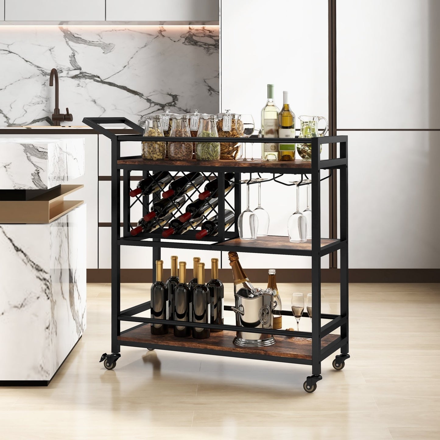 3-tier Bar Cart on Wheels Home Kitchen Serving Cart with Wine Rack and Glasses Holder-Brown