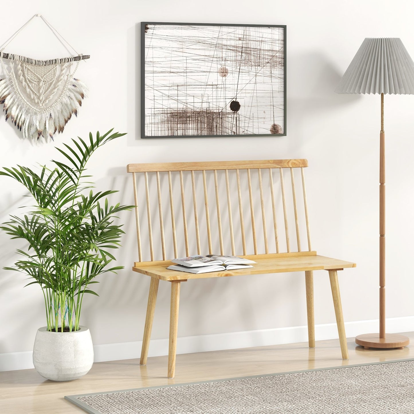Dining Windsor Bench with Spindle Back and Anti-Slip Foot Pads-Black