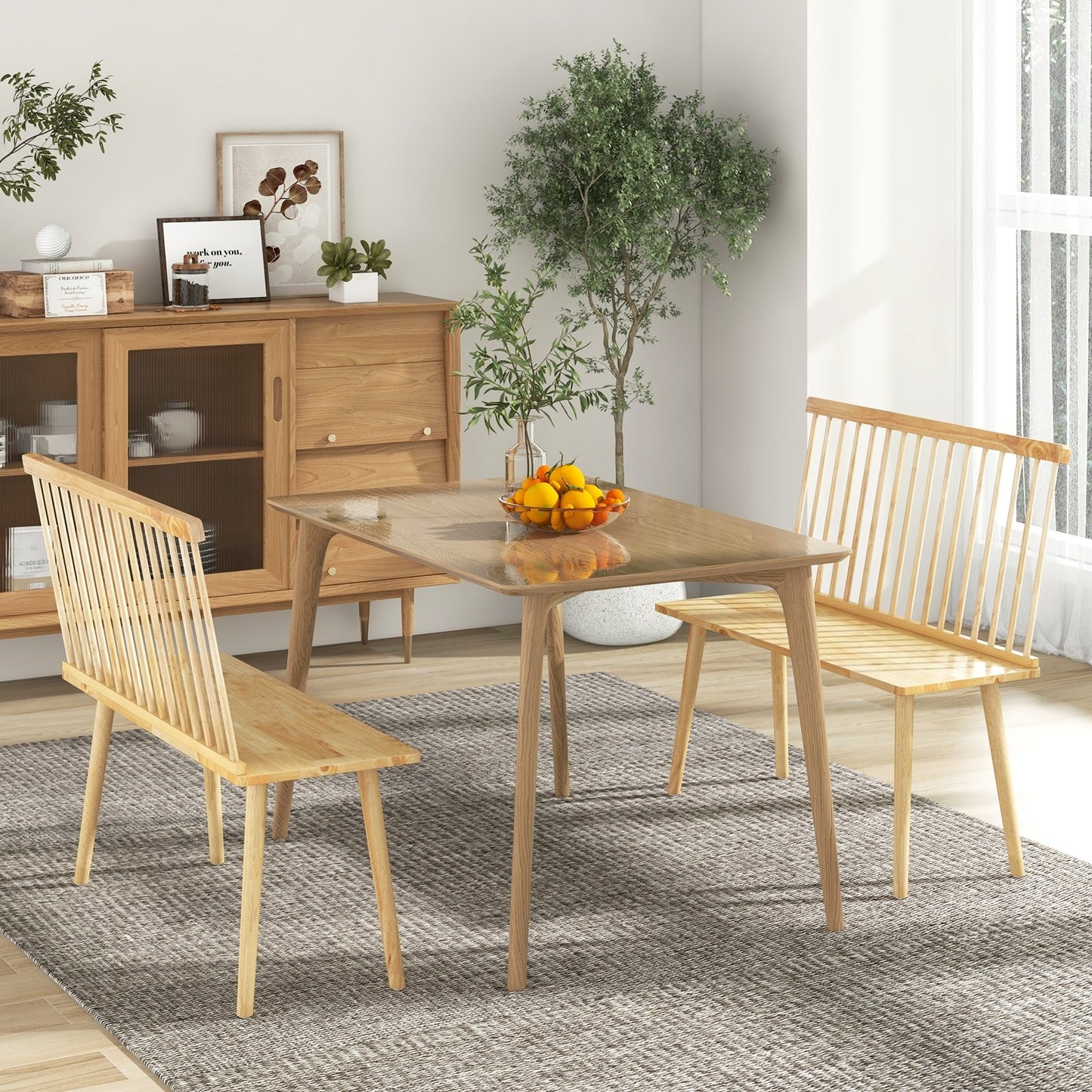 Dining Windsor Bench with Spindle Back and Anti-Slip Foot Pads-Black
