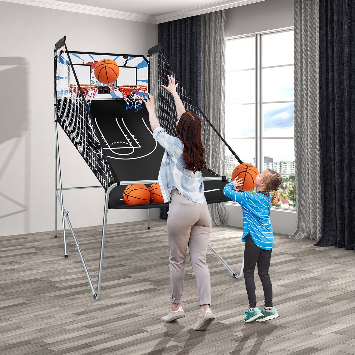 Foldable Double Electronic Basketball Game with 4 Balls Indoor