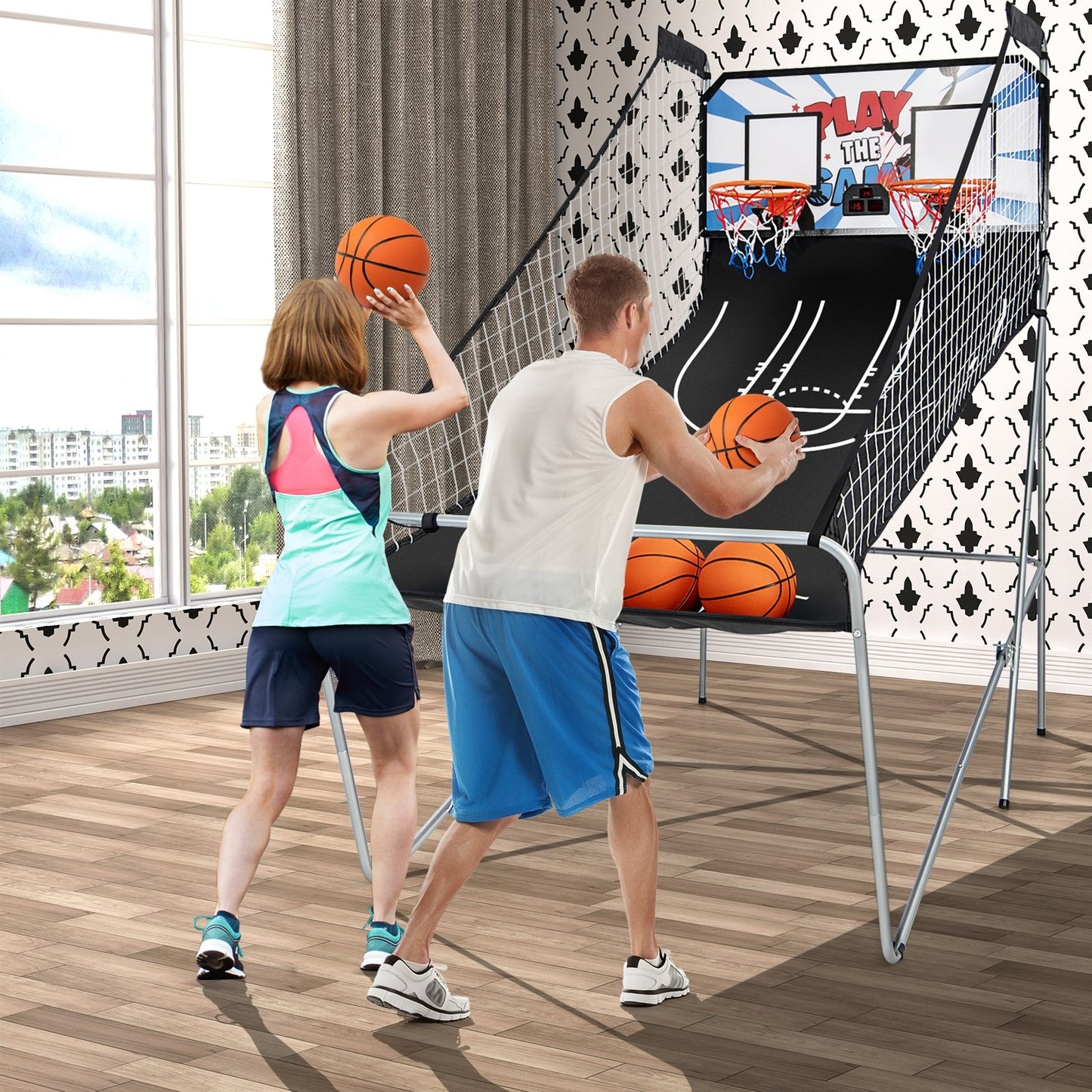 Foldable Double Electronic Basketball Game with 4 Balls Indoor