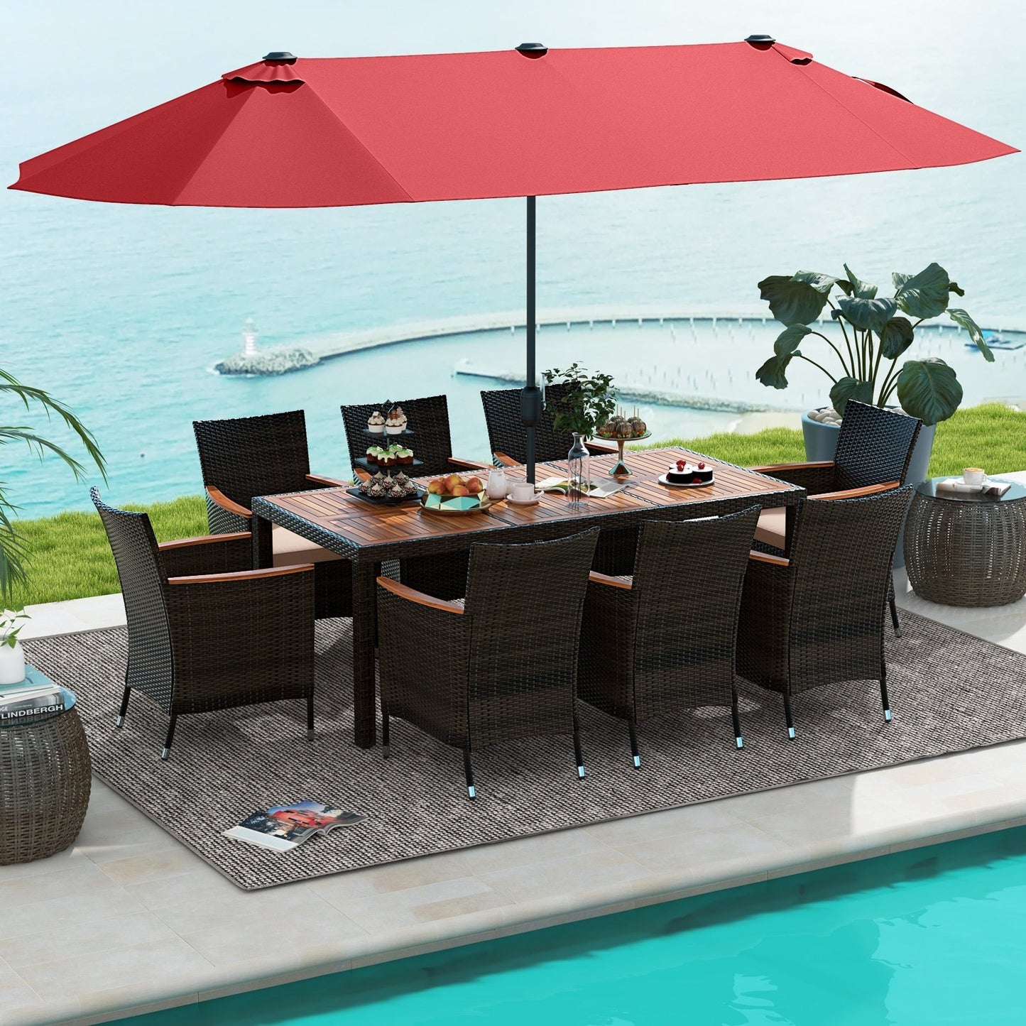 9 Piece Outdoor Dining Set with 15 Feet Double-Sided Twin Patio Umbrella-Beige