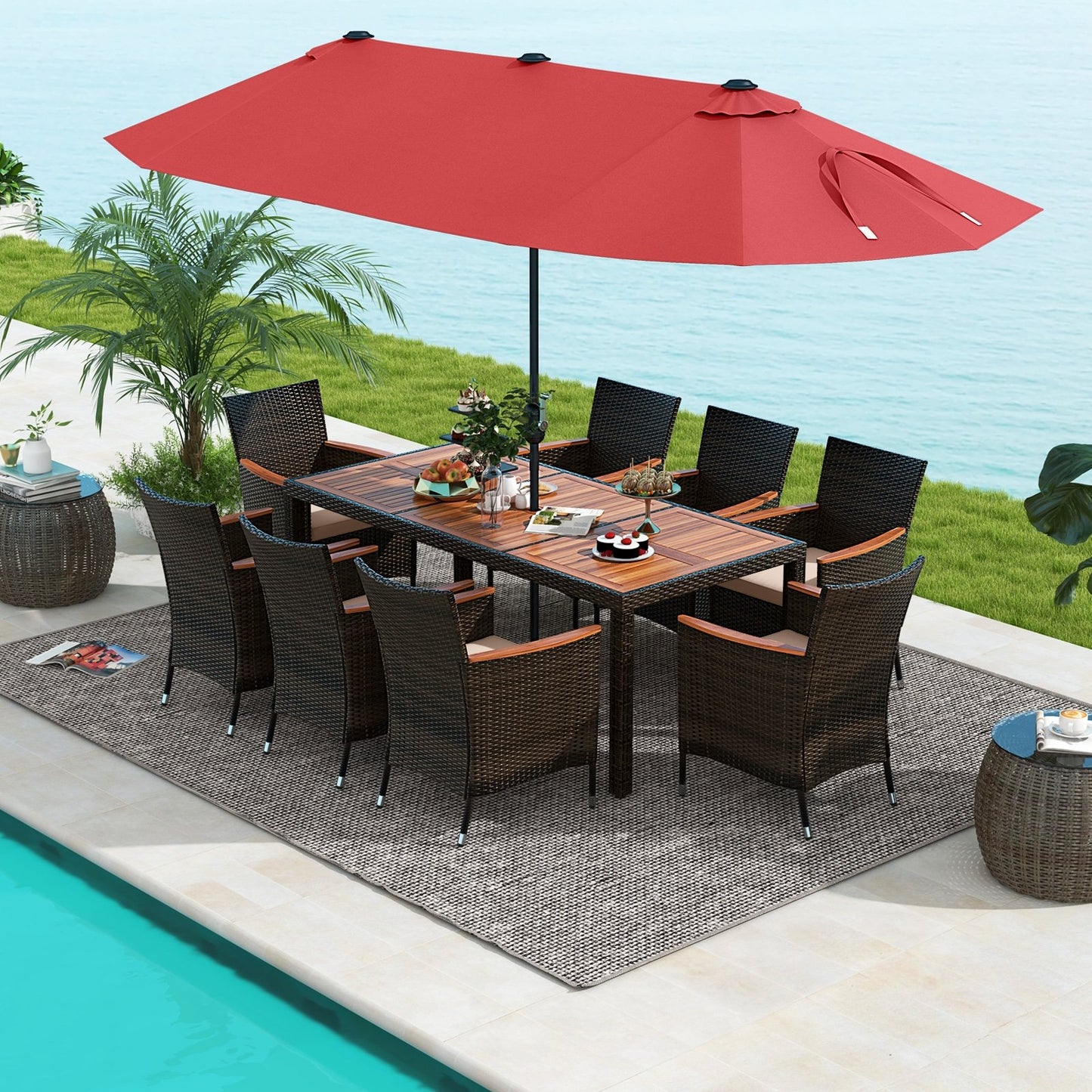 9 Piece Outdoor Dining Set with 15 Feet Double-Sided Twin Patio Umbrella-Beige