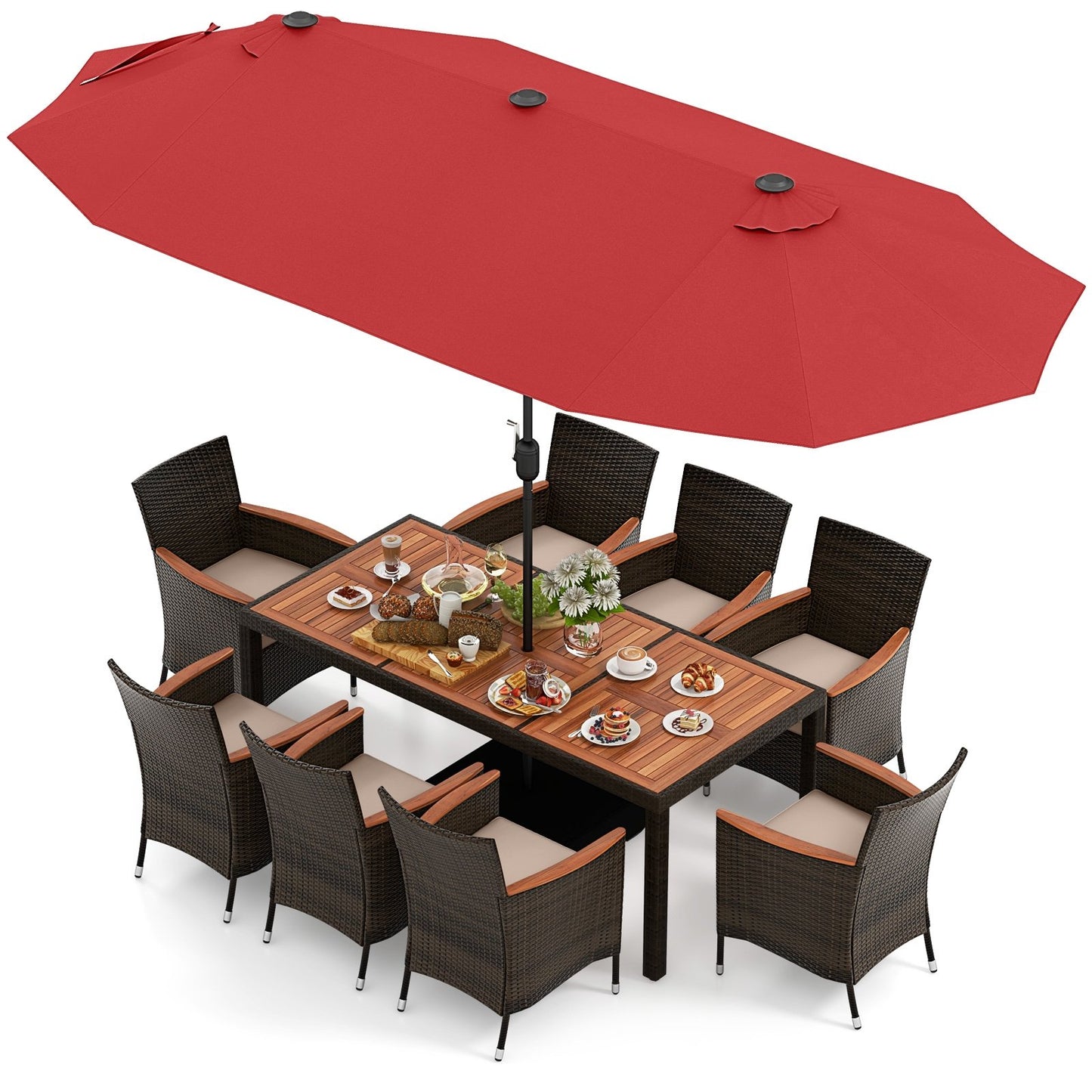 9 Piece Outdoor Dining Set with 15 Feet Double-Sided Twin Patio Umbrella-Beige
