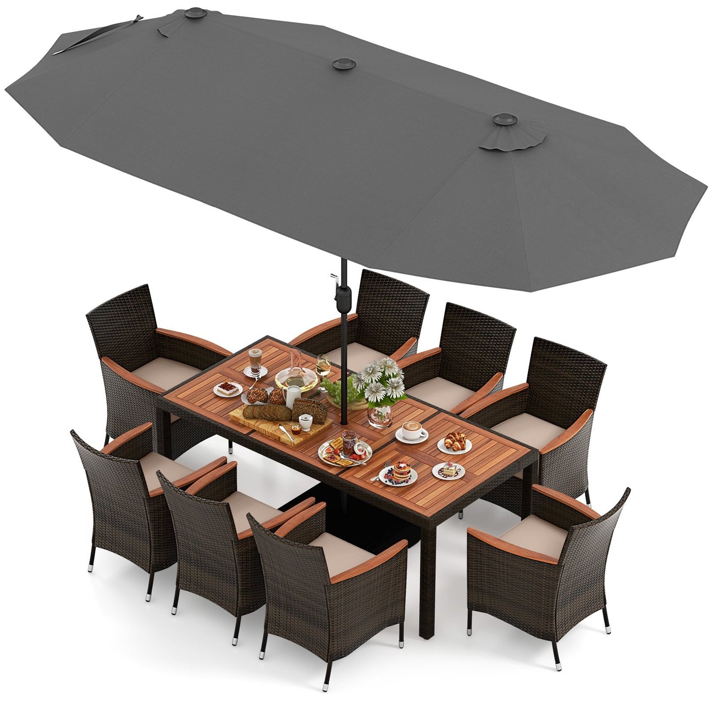 9 Piece Outdoor Dining Set with 15 Feet Double-Sided Twin Patio Umbrella-Beige