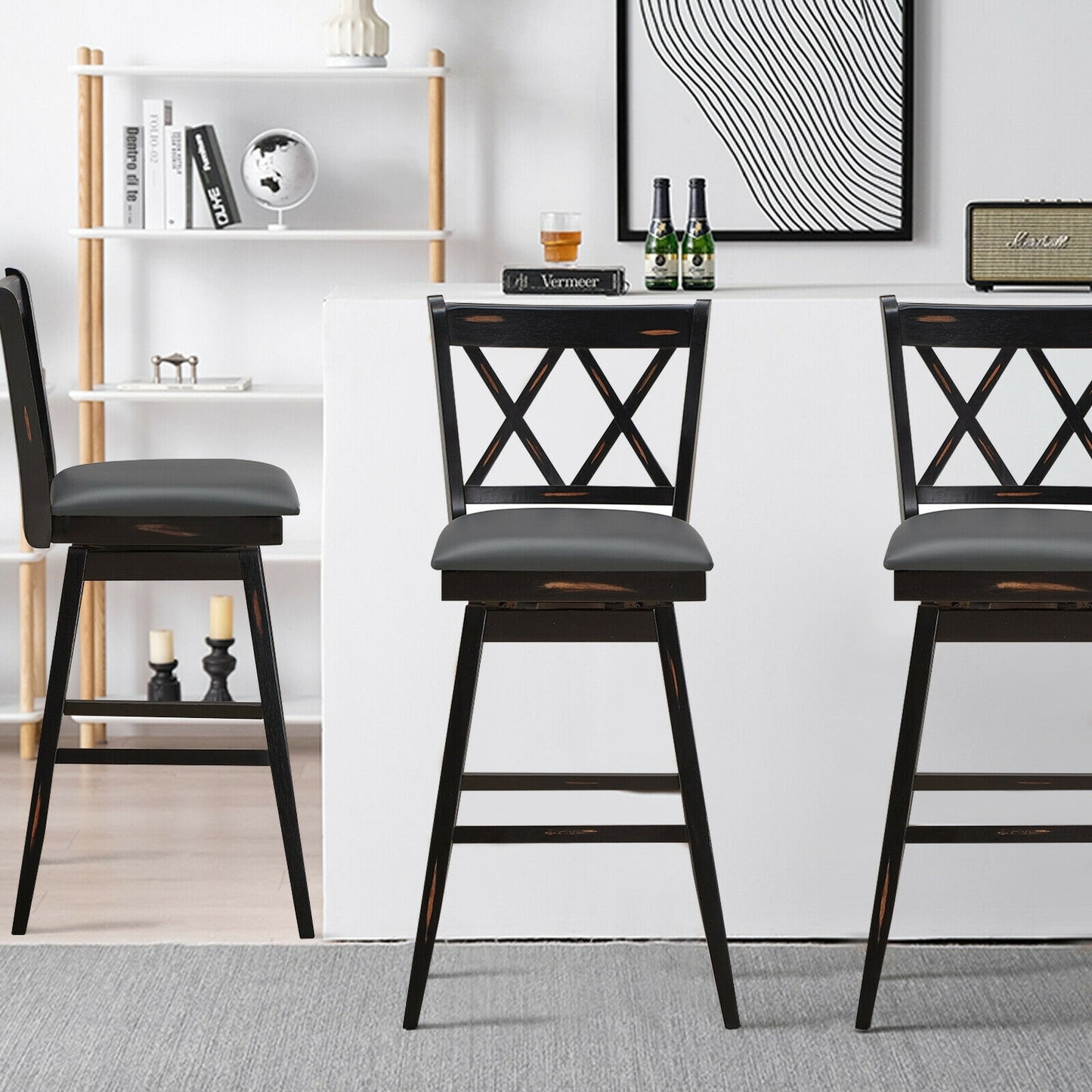 2 Pieces 29 Inch Swivel Counter Height Barstool Set with Rubber Wood Legs-Black