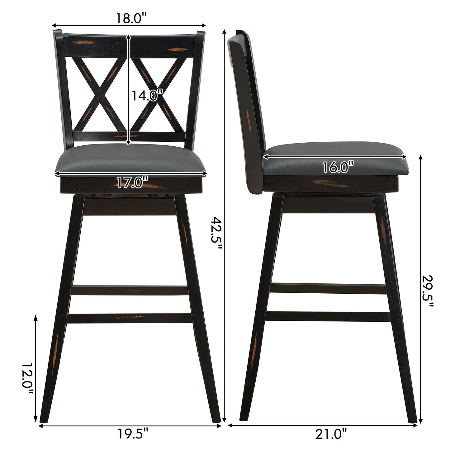 2 Pieces 29 Inch Swivel Counter Height Barstool Set with Rubber Wood Legs-Black