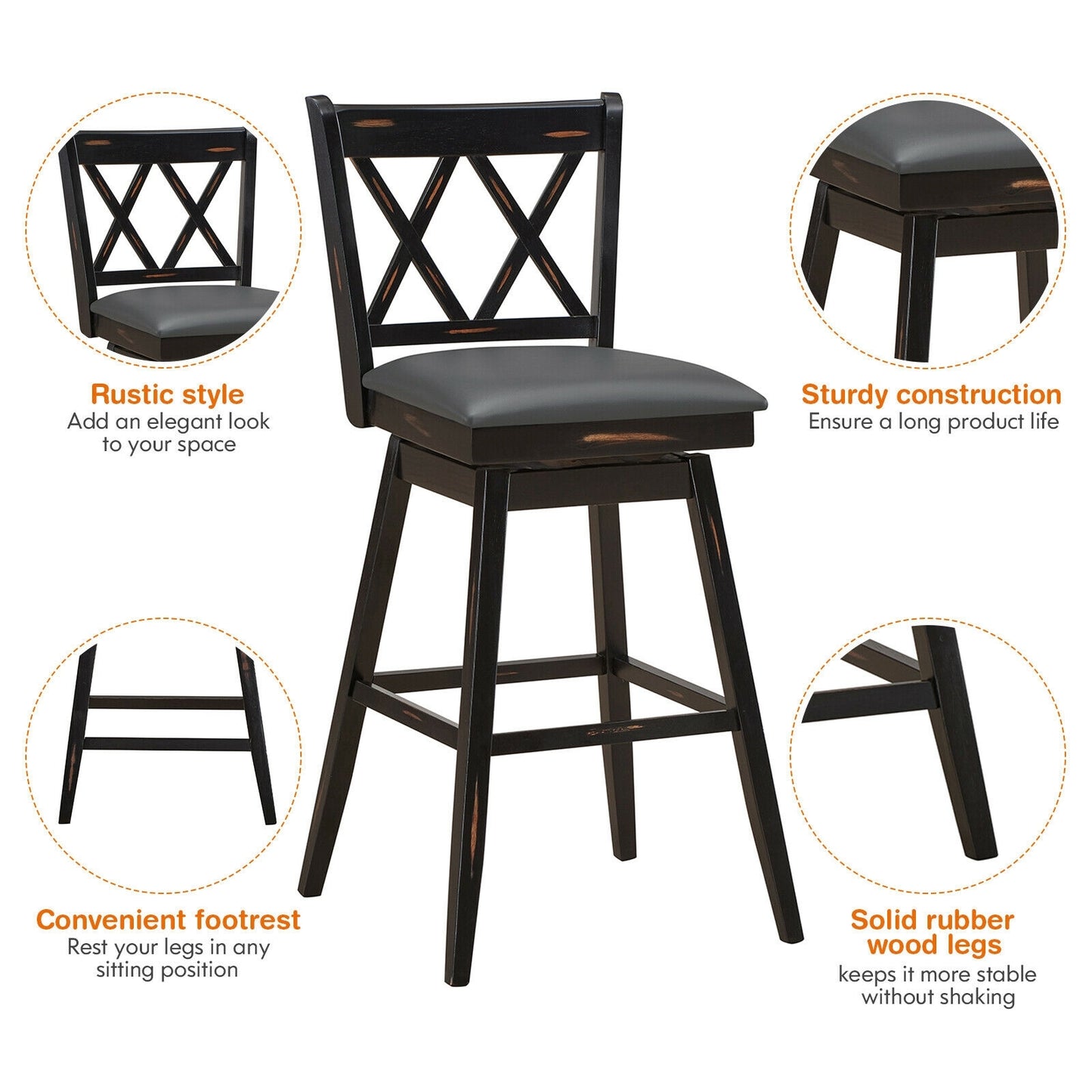 2 Pieces 29 Inch Swivel Counter Height Barstool Set with Rubber Wood Legs-Black