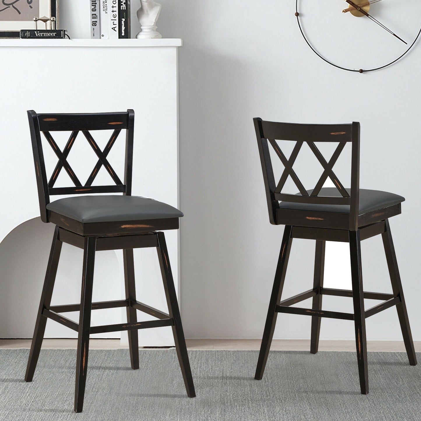 2 Pieces 29 Inch Swivel Counter Height Barstool Set with Rubber Wood Legs-Black