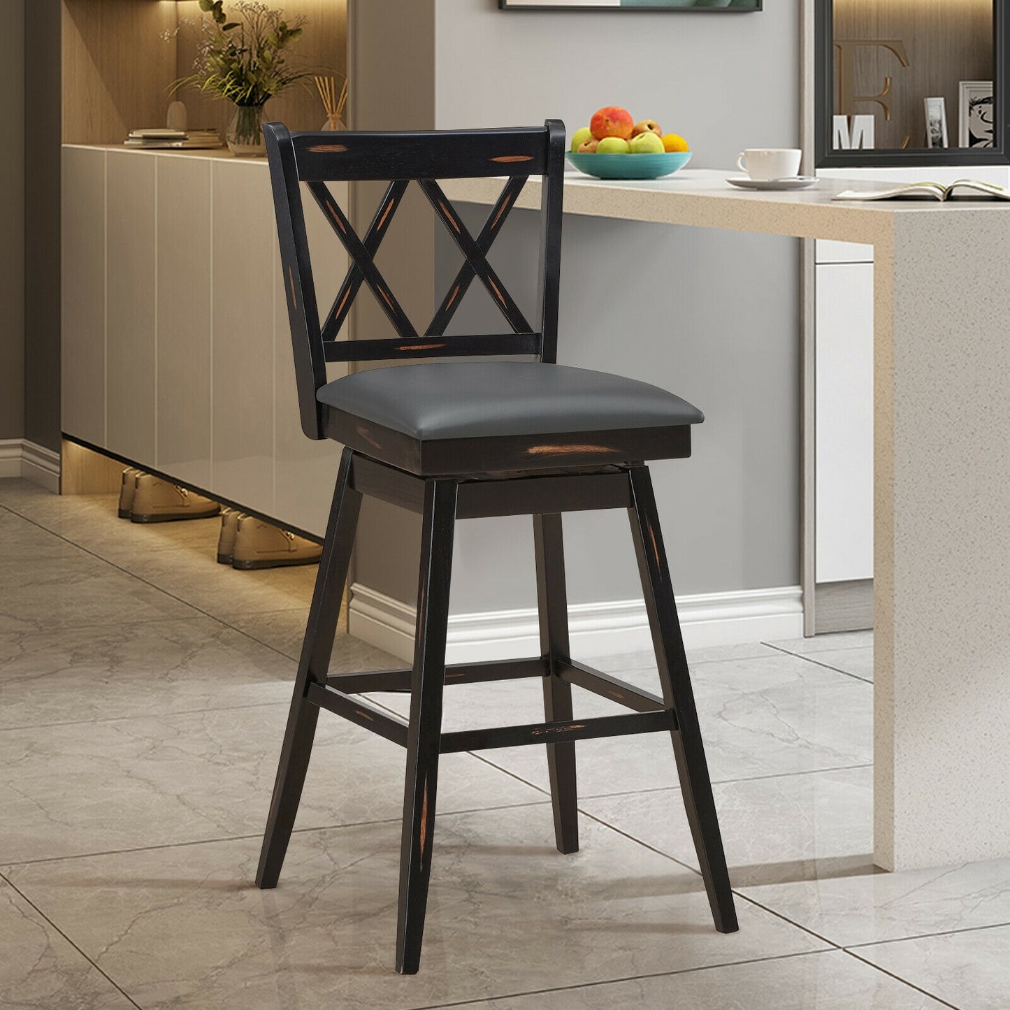 2 Pieces 29 Inch Swivel Counter Height Barstool Set with Rubber Wood Legs-Black