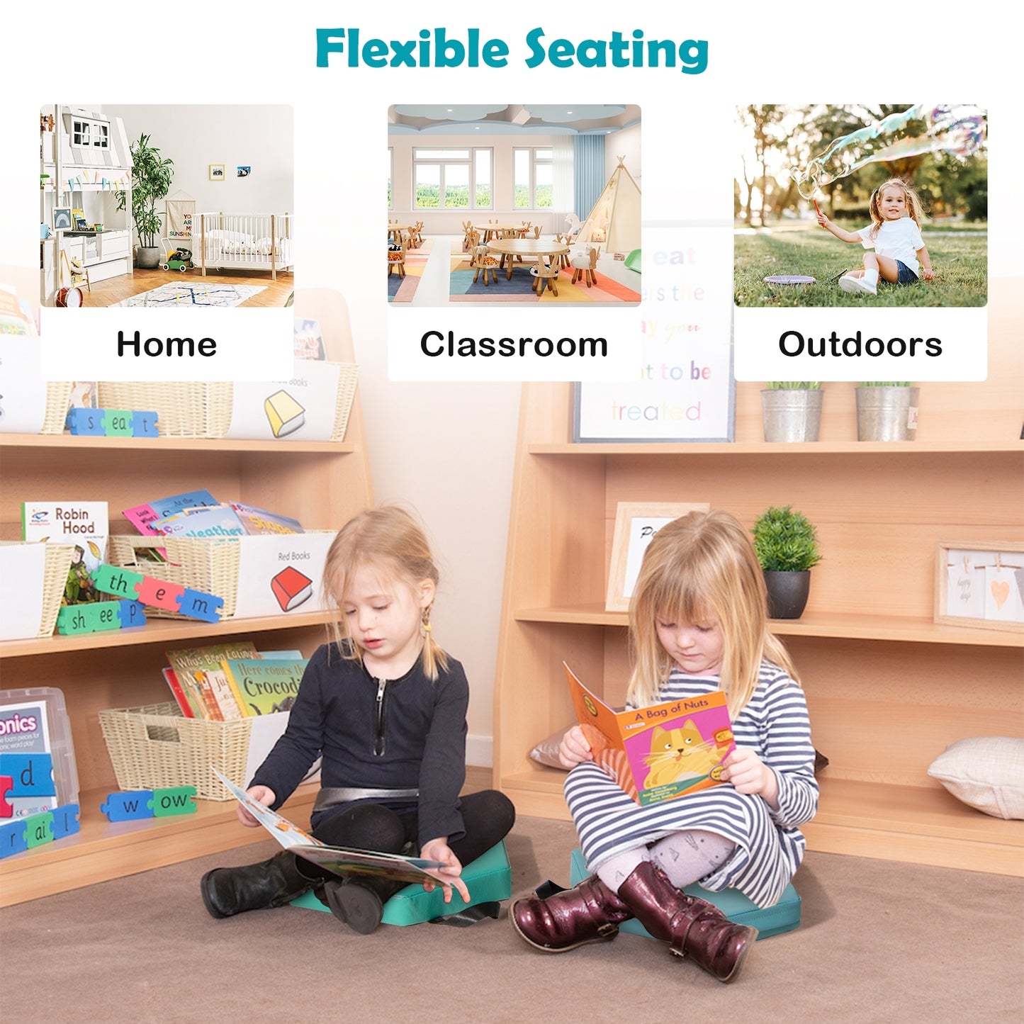 6 Pieces Multifunctional Hexagon Toddler Floor Cushions Classroom Seating with Handles-Blue