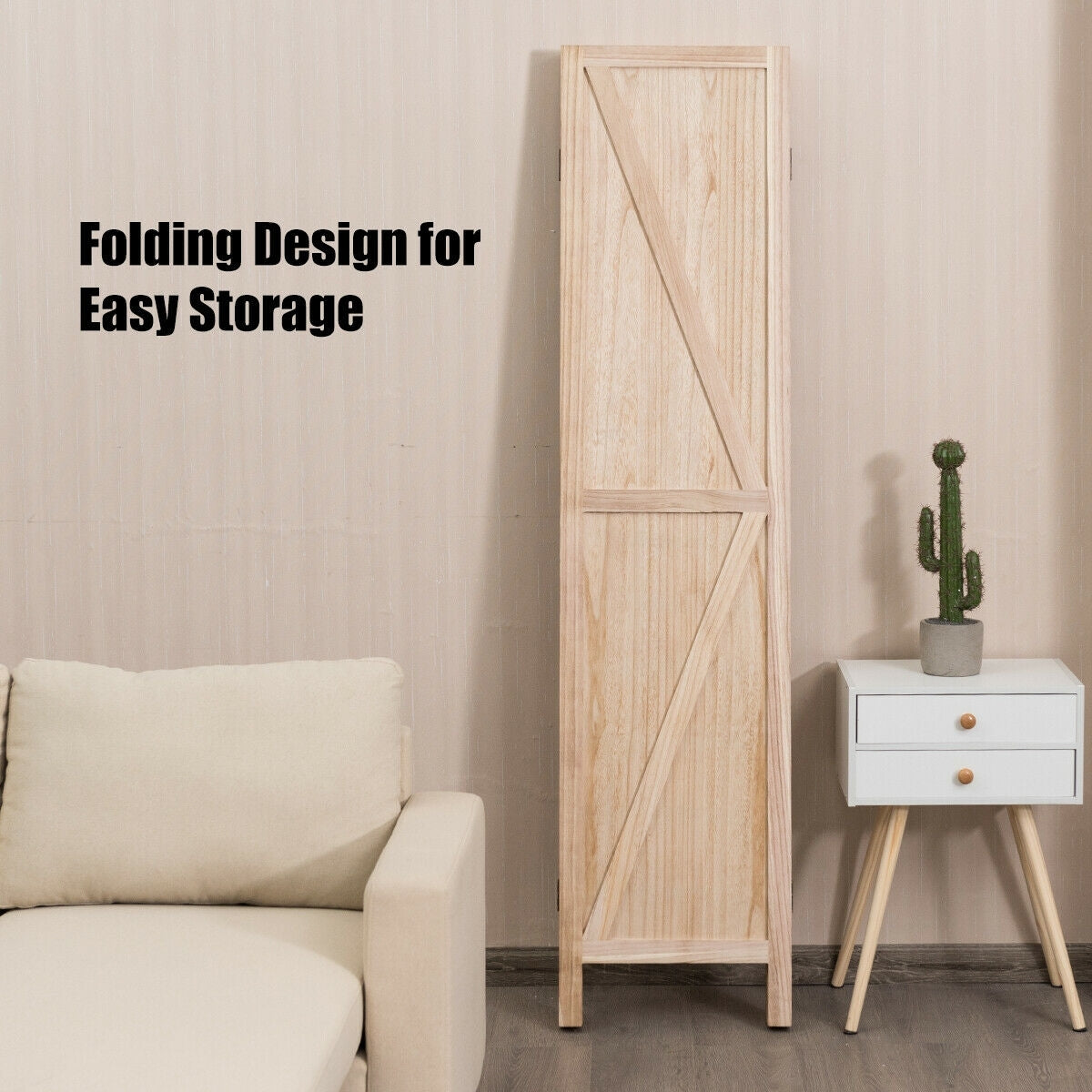 4 Panels Folding Wooden Room Divider-Natural
