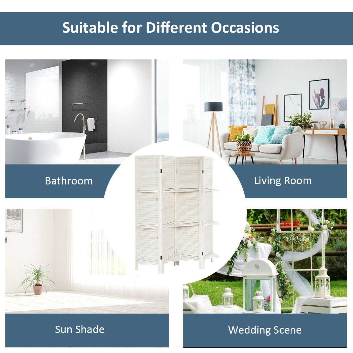 4 Panel Folding Room Divider Screen with 3 Display Shelves-Brown