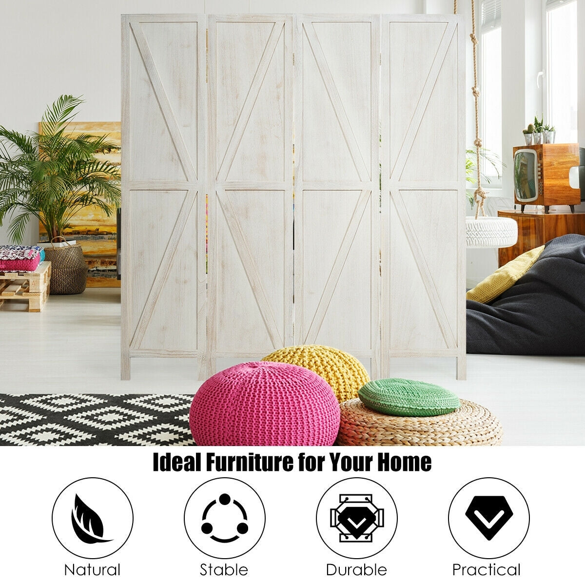 4 Panels Folding Wooden Room Divider-White