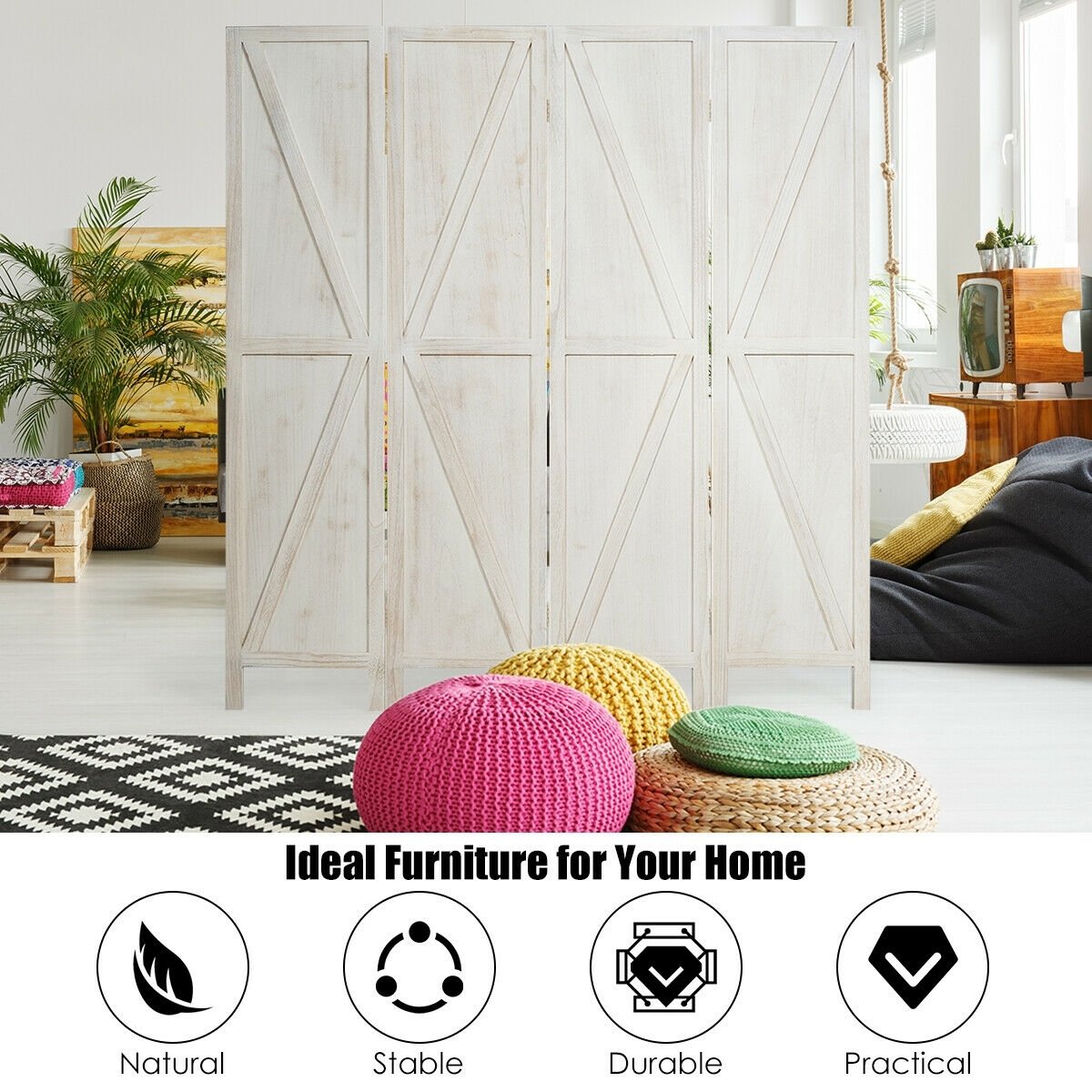 4 Panels Folding Wooden Room Divider-Natural