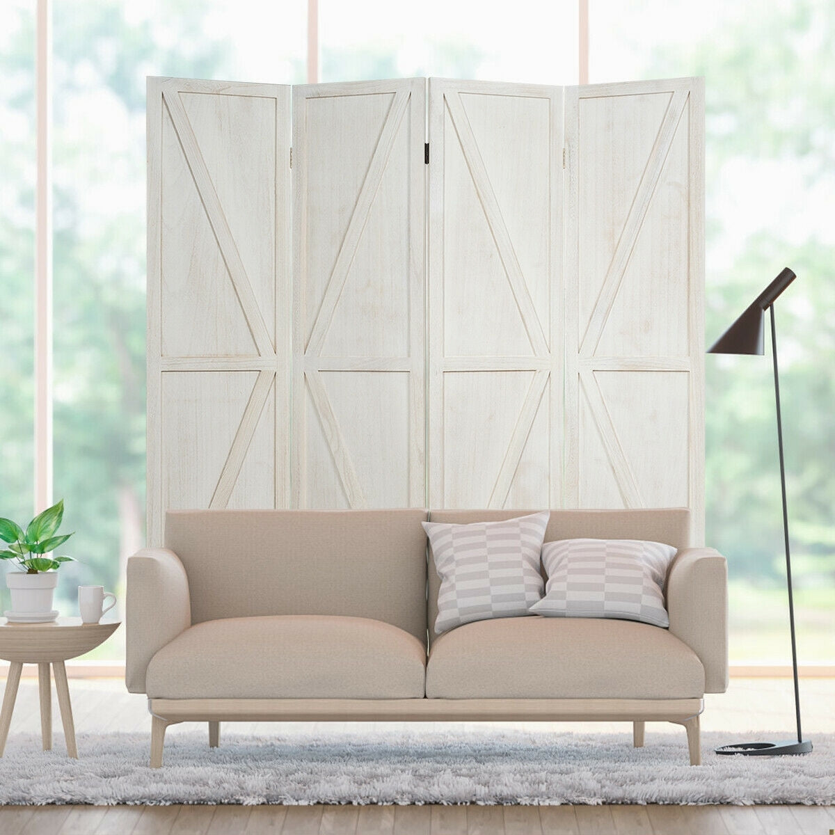 4 Panels Folding Wooden Room Divider-White