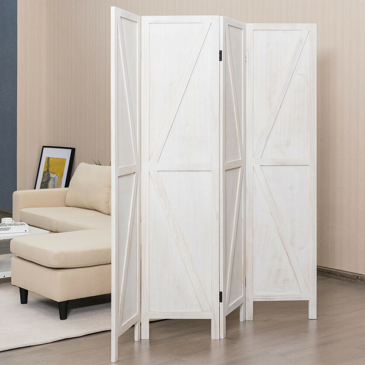4 Panels Folding Wooden Room Divider-White