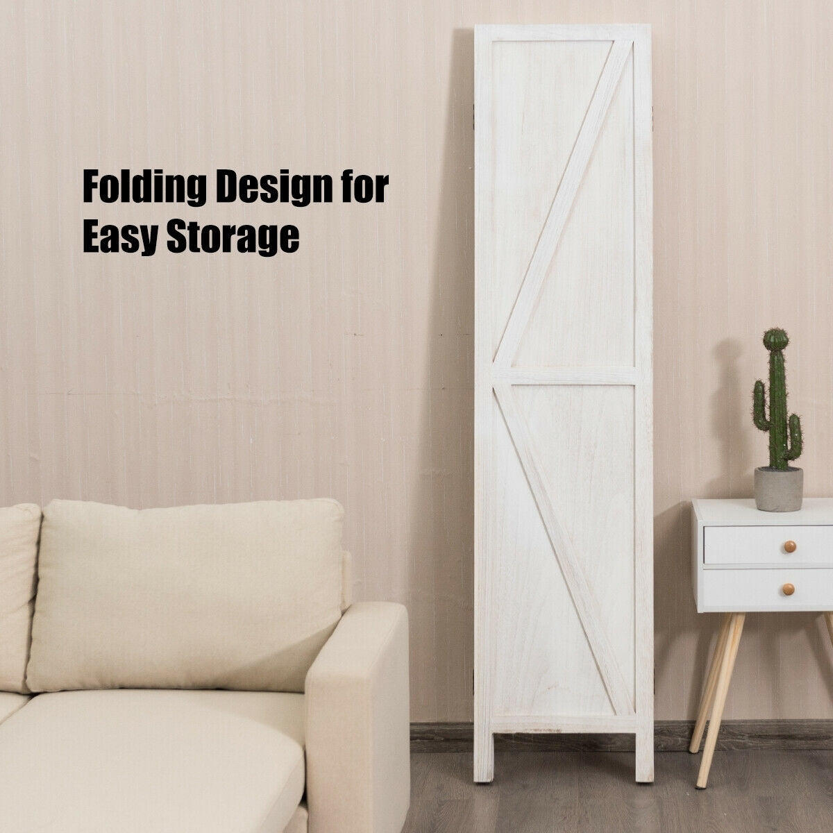 4 Panels Folding Wooden Room Divider-White