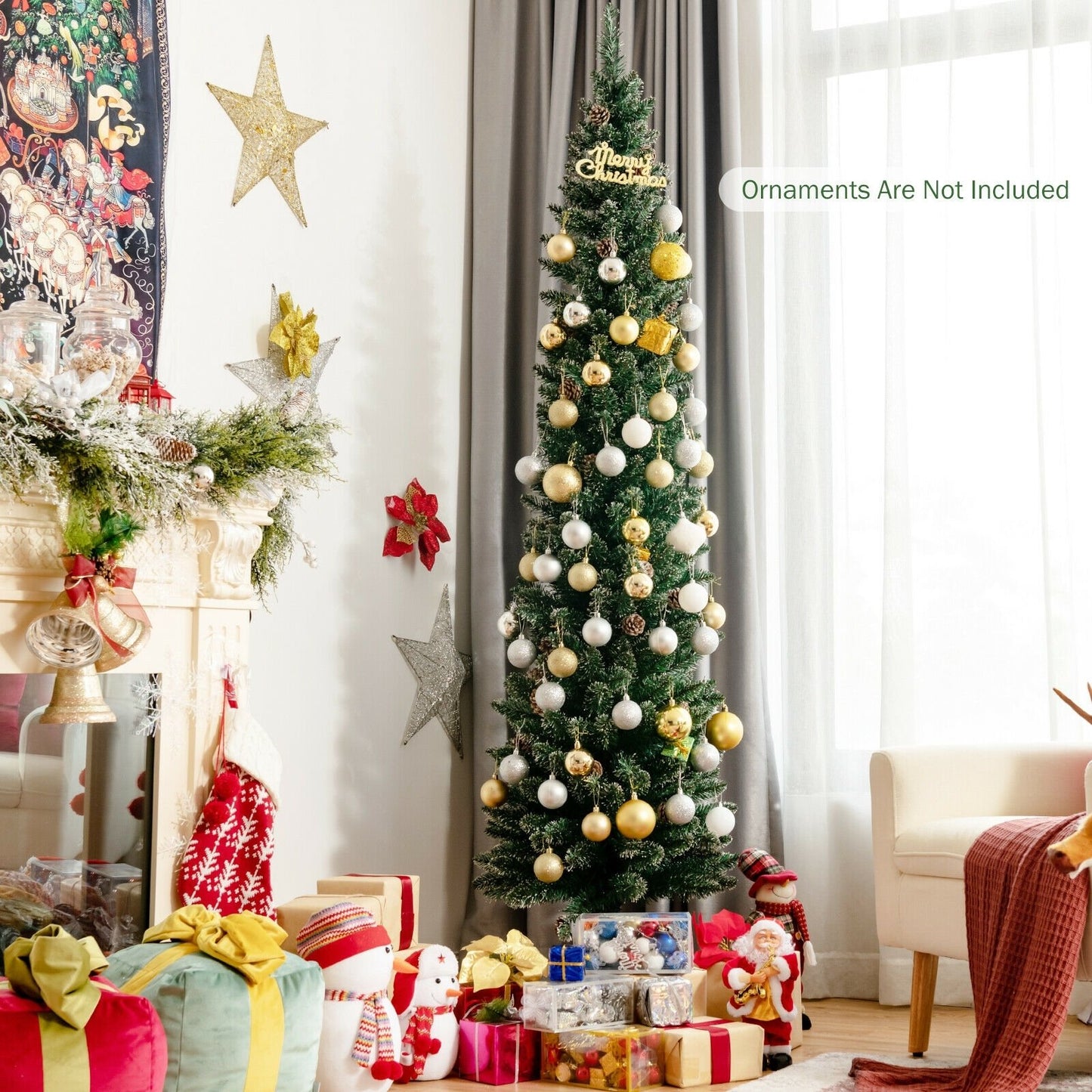 Snowy Artificial Pencil Christmas Tree with Pine Cones-6 ft