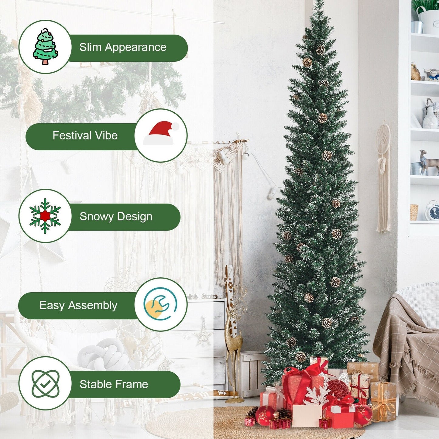 Snowy Artificial Pencil Christmas Tree with Pine Cones-6 ft