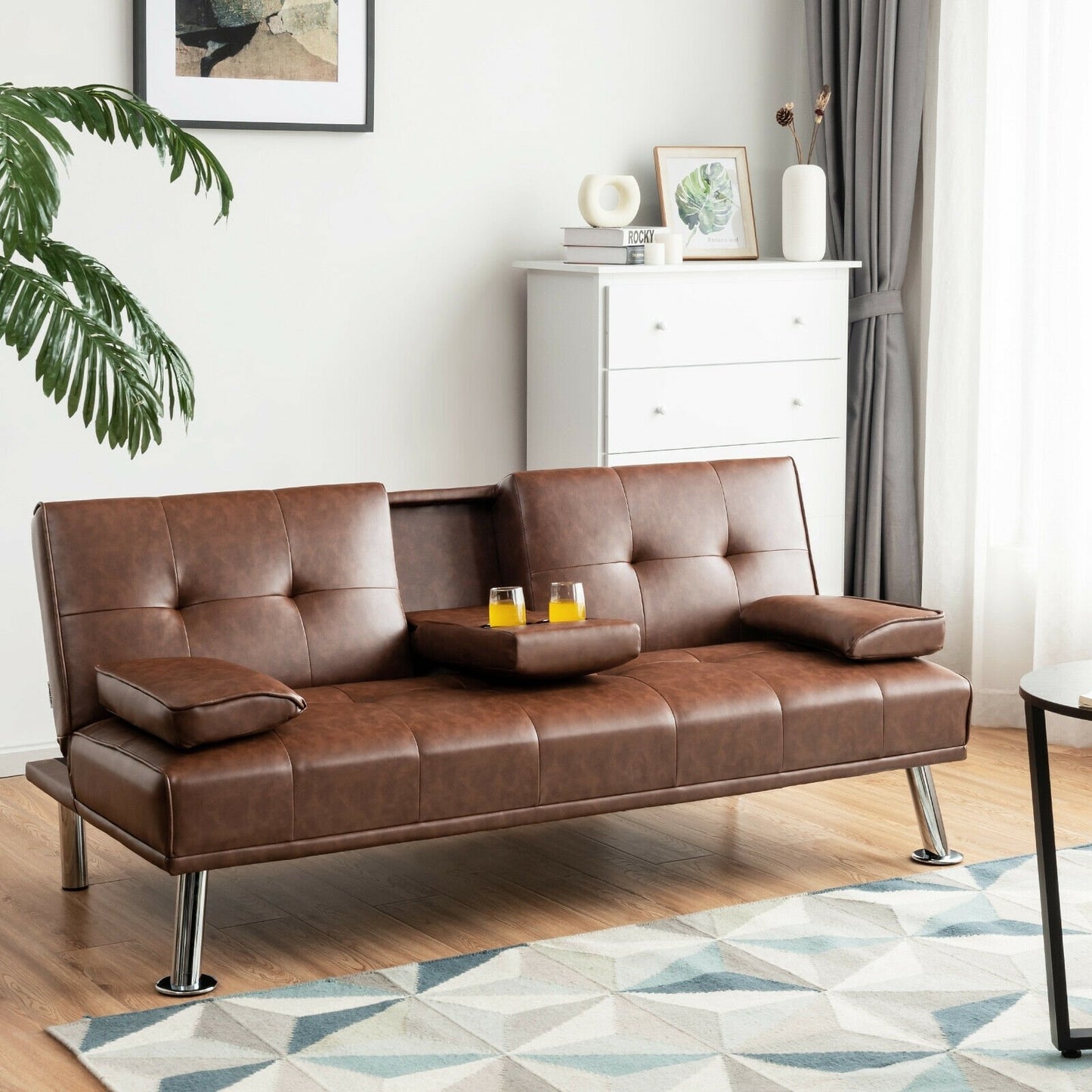 Convertible Folding Leather Futon Sofa with Cup Holders and Armrests-Black