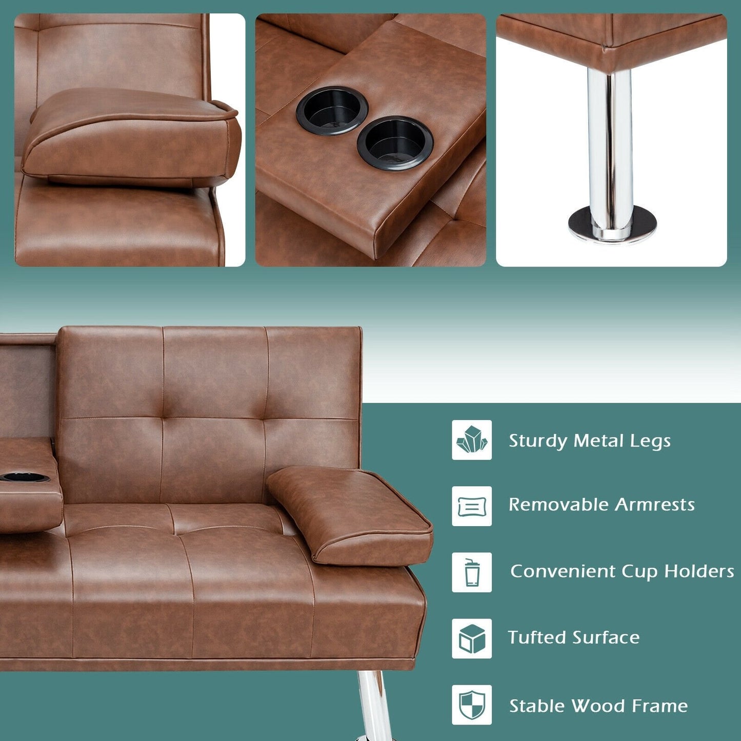 Convertible Folding Leather Futon Sofa with Cup Holders and Armrests-Black