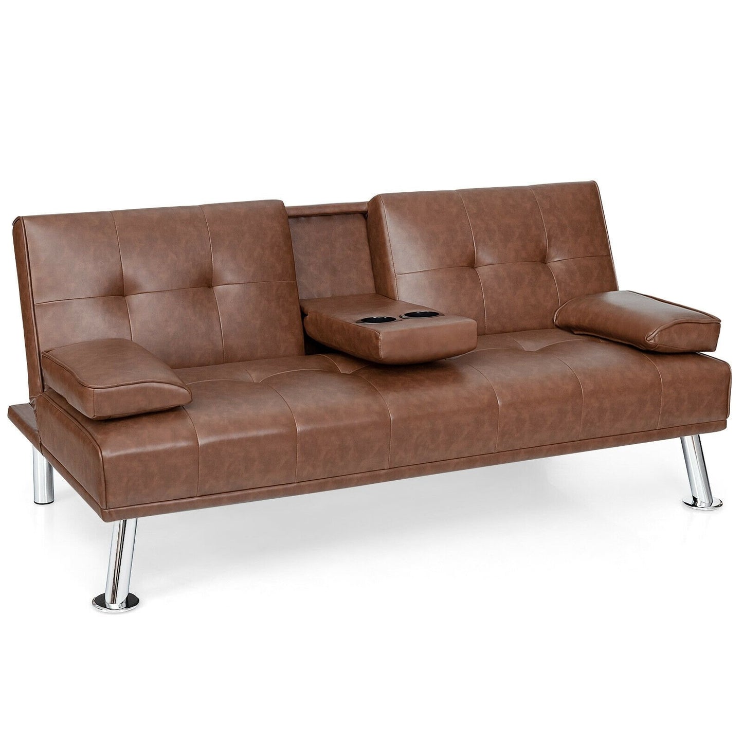 Convertible Folding Leather Futon Sofa with Cup Holders and Armrests-Black