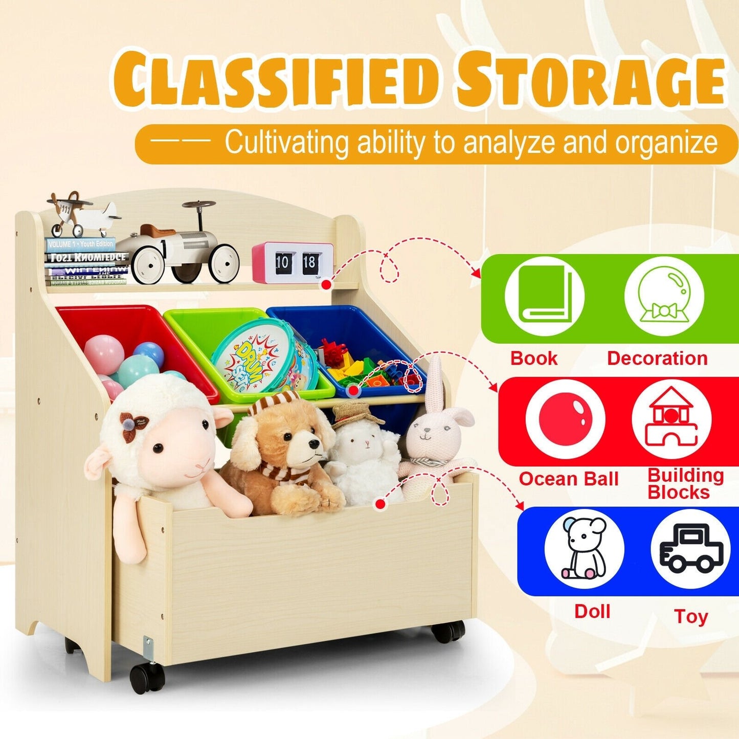 Kids Wooden Toy Storage Unit Organizer with Rolling Toy Box and Plastic Bins-Espresso