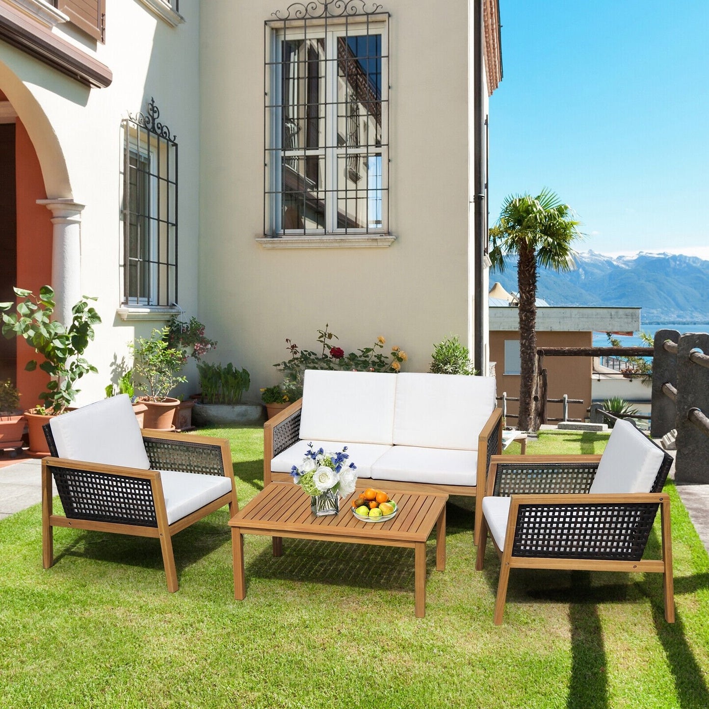 4 Pieces Patio Rattan Furniture Set with Removable Cushions-Gray