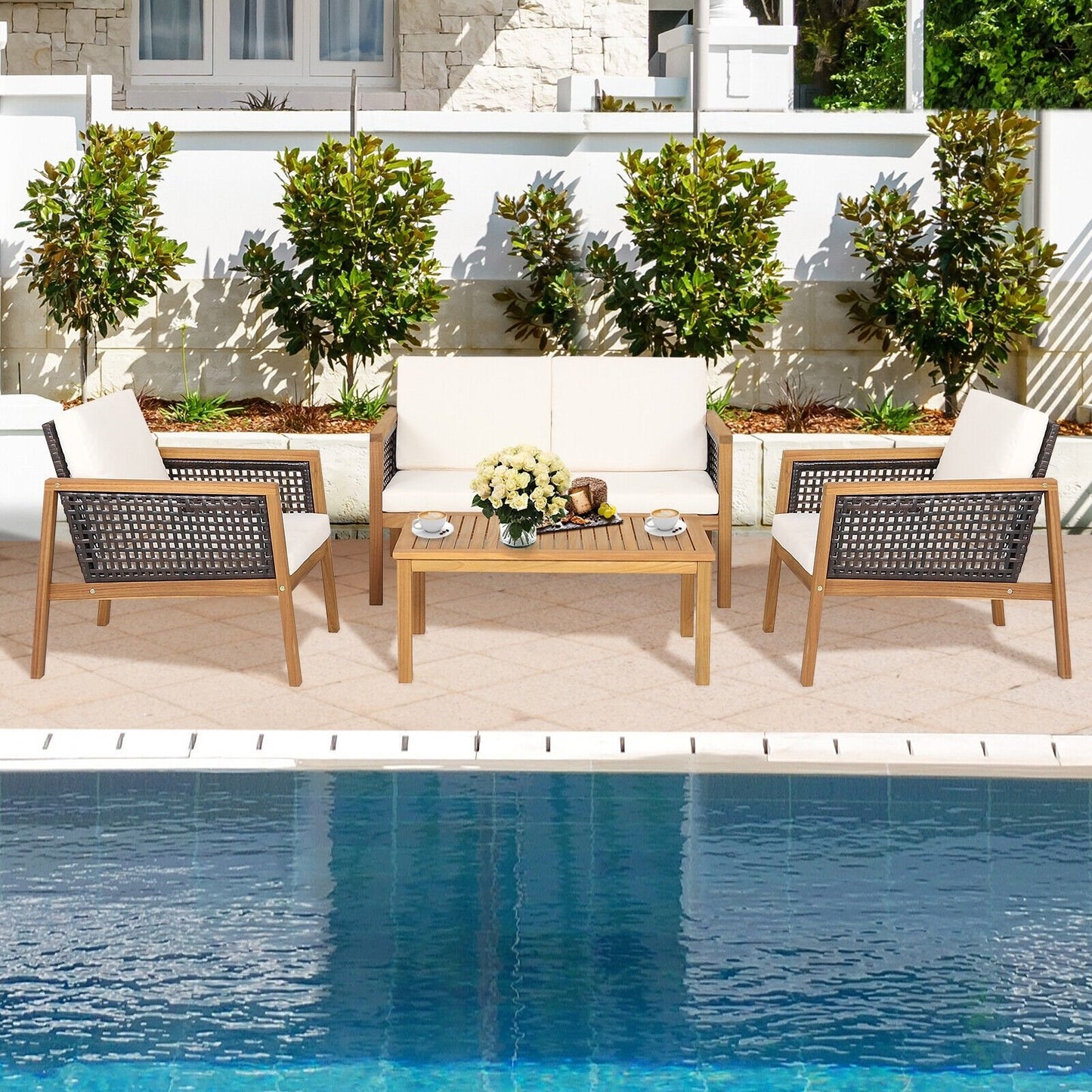 4 Pieces Patio Rattan Furniture Set with Removable Cushions-Gray
