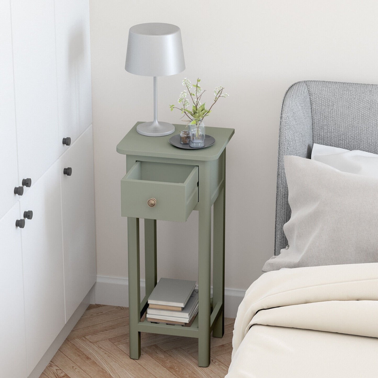 2 Tier Slim Nightstand Bedside Table with Drawer Shelf-Black