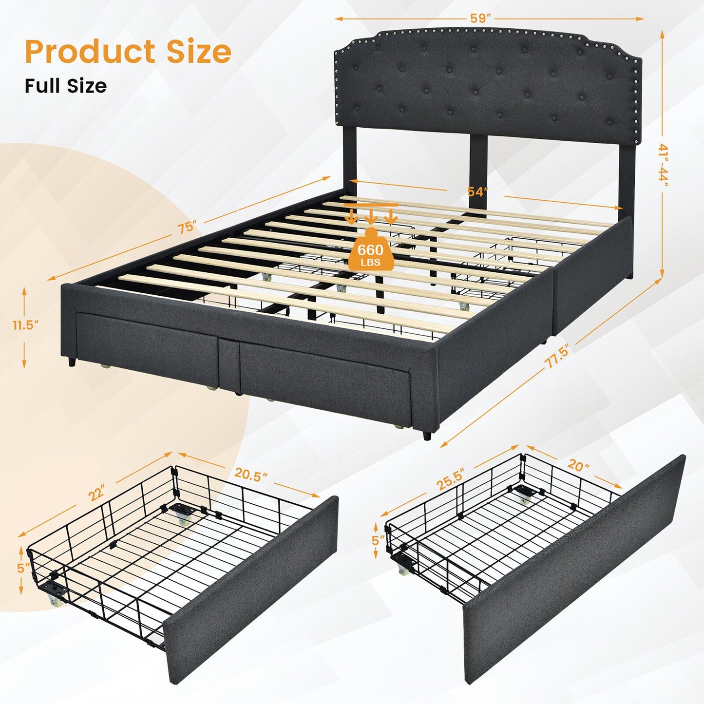 Queen Size Platform Bed Frame with Adjustable Headboard and 4 Storage Drawers