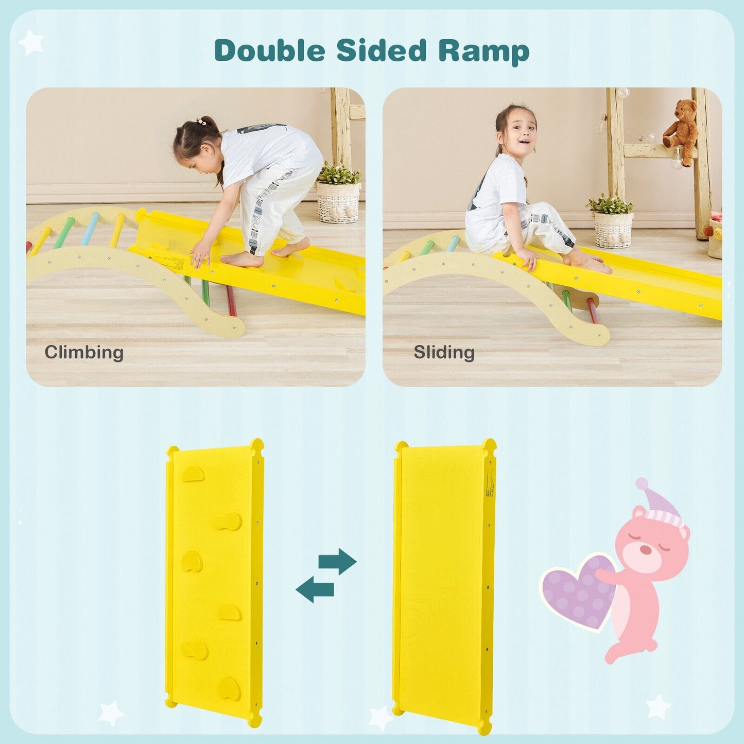 3-in-1 Kids Climber Set Wooden Arch Triangle Rocker with Ramp and Mat-Natural