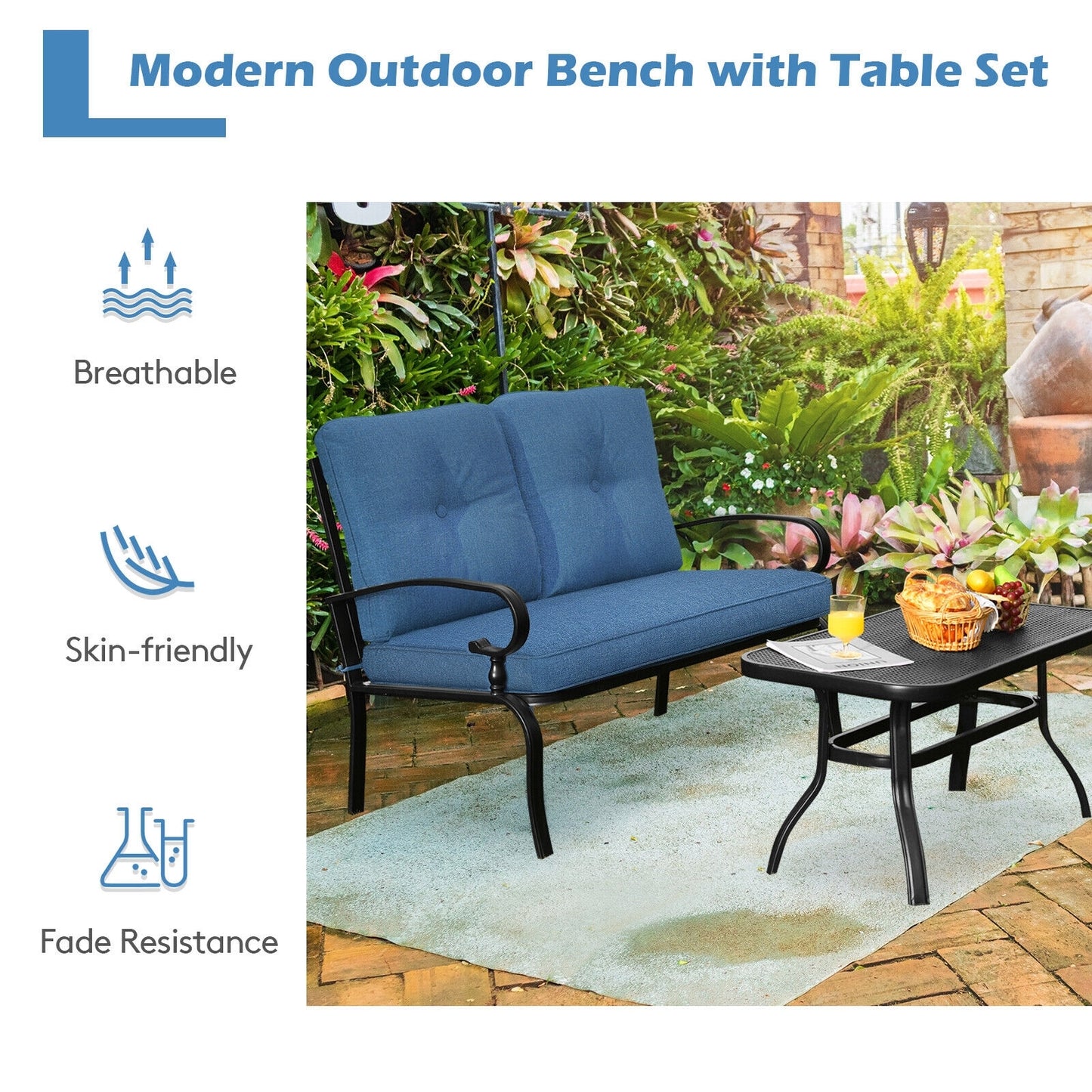 2 Pieces Patio Loveseat Bench Table Furniture Set with Cushioned Chair-Beige