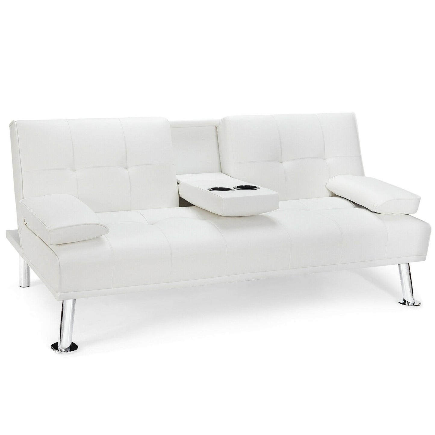 Convertible Folding Leather Futon Sofa with Cup Holders and Armrests-Black