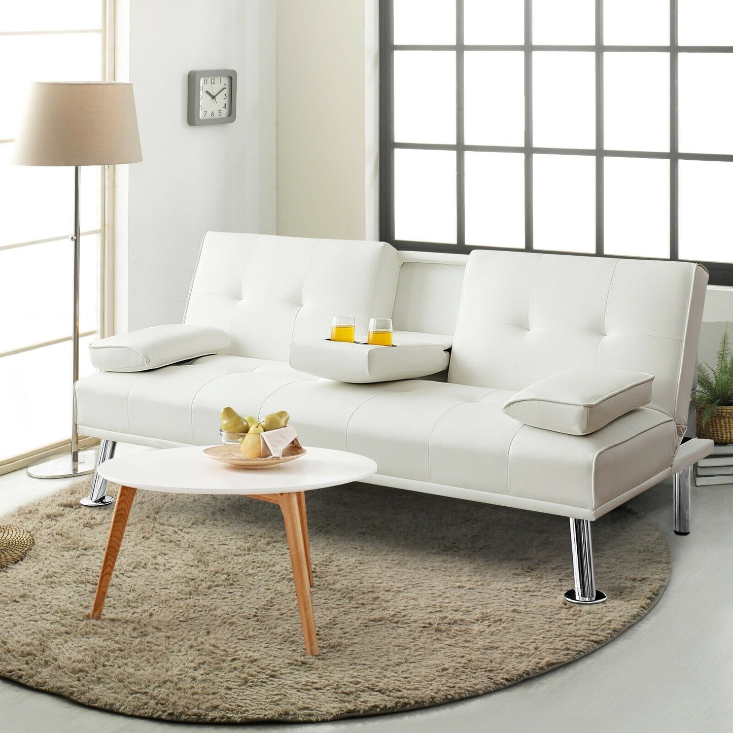 Convertible Folding Leather Futon Sofa with Cup Holders and Armrests-Black