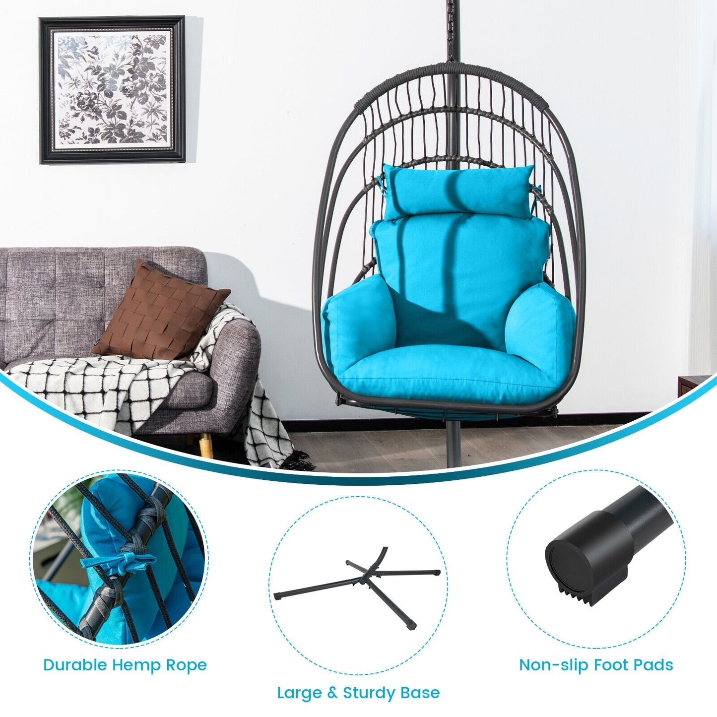 Hanging Folding Egg Chair with Stand Soft Cushion Pillow Swing Hammock-Gray