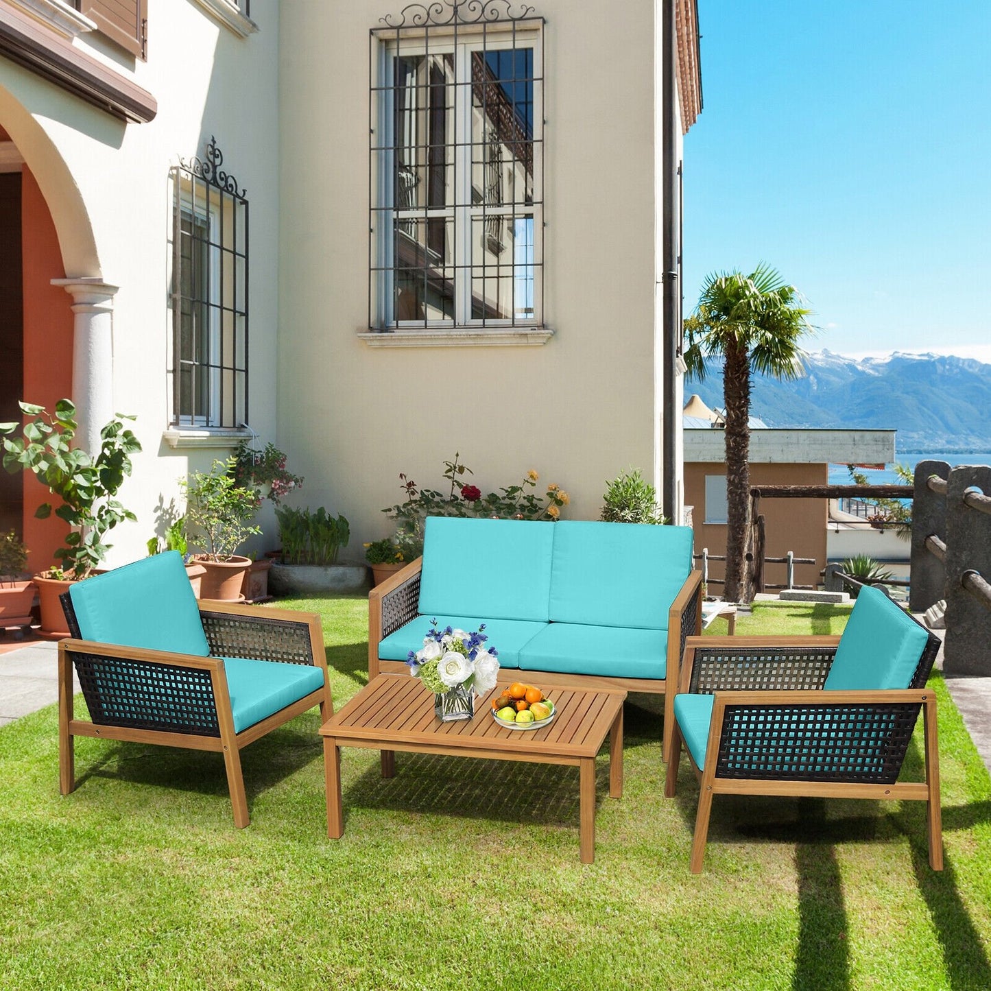 4 Pieces Patio Rattan Furniture Set with Removable Cushions-Gray